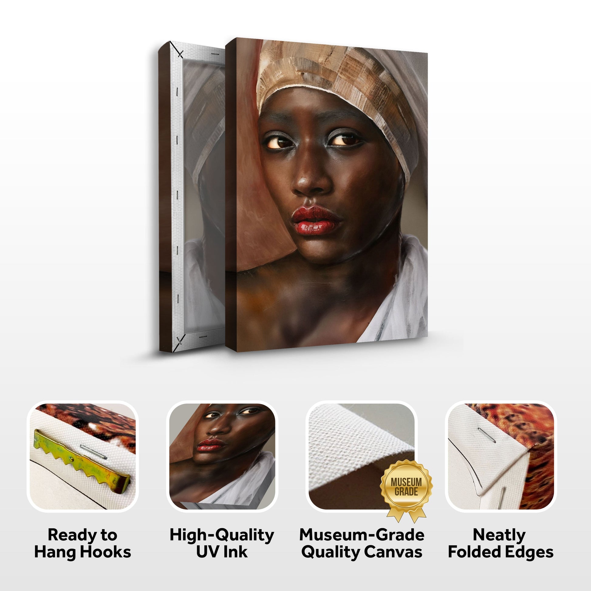 African Woman Painting Canvas by Tailored Canvases, beige headwrap on Tampa Home & Garden Store
