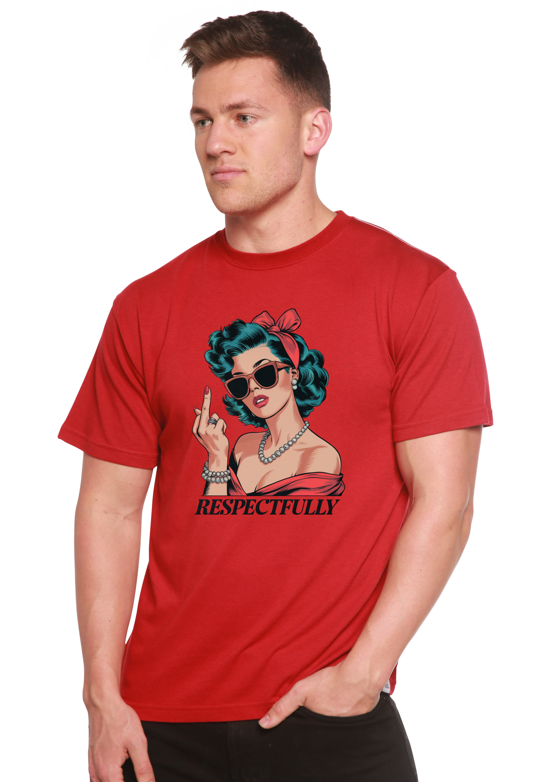 Unisex red bamboo/cotton graphic T-shirt with middle finger graphic by Spun Bamboo on Tampa Home & Garden Store