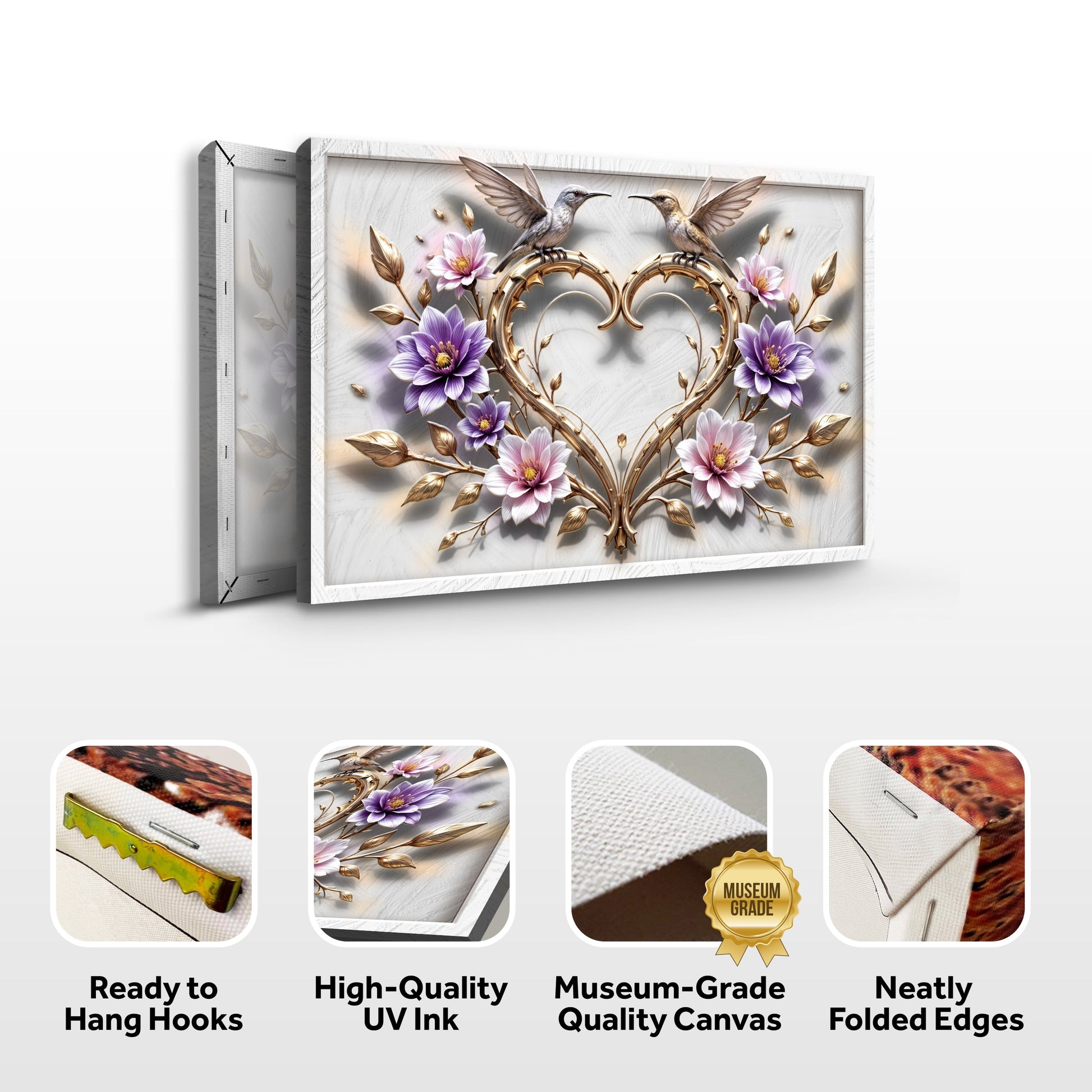 3D Hummingbirds Wall Art V canvas by Tailored Canvases with gold heart frame on Tampa Home & Garden Store