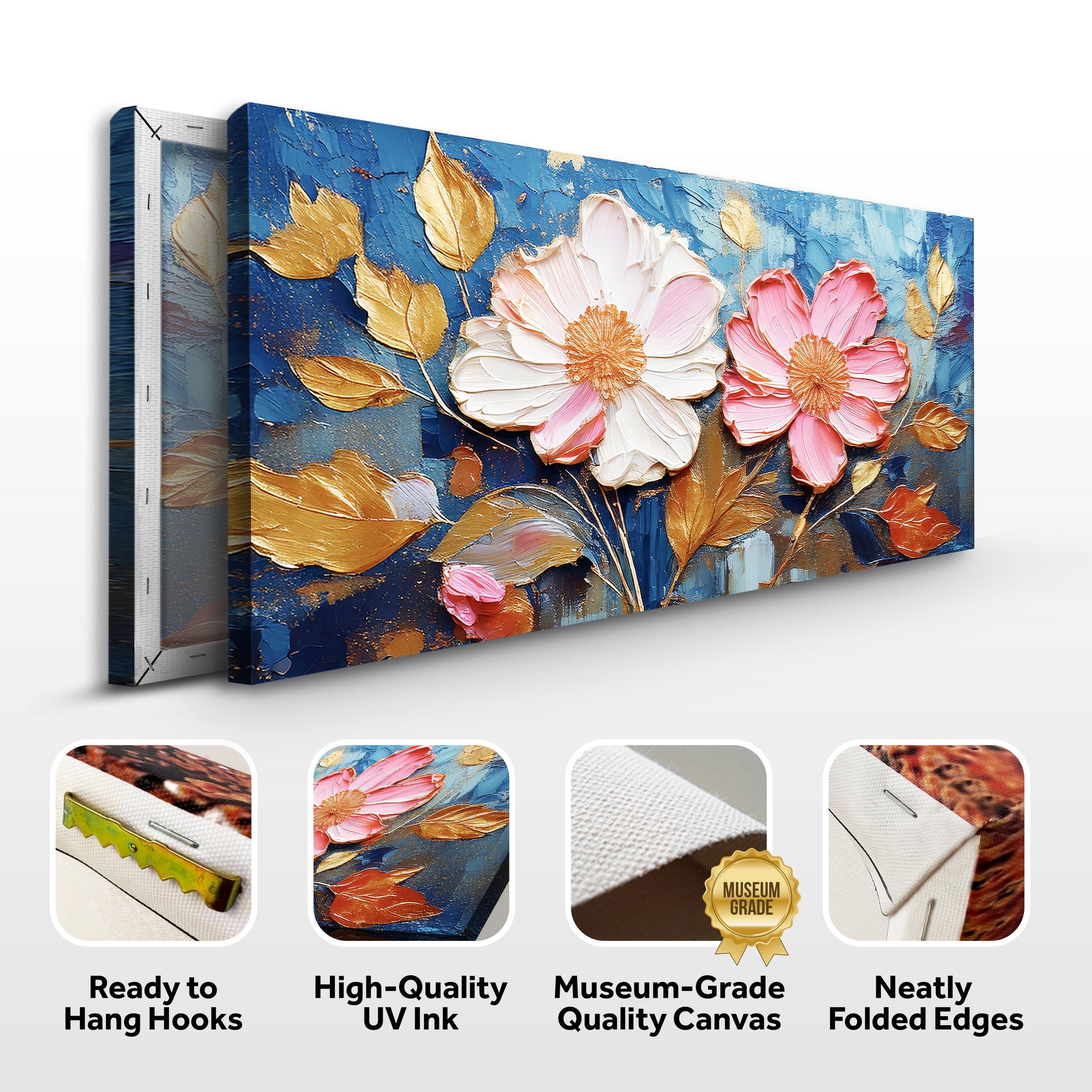 Golden Petals Impasto Canvas Wall Art blue backdrop with gold leaves pink flowers on Tampa Home & Garden Store