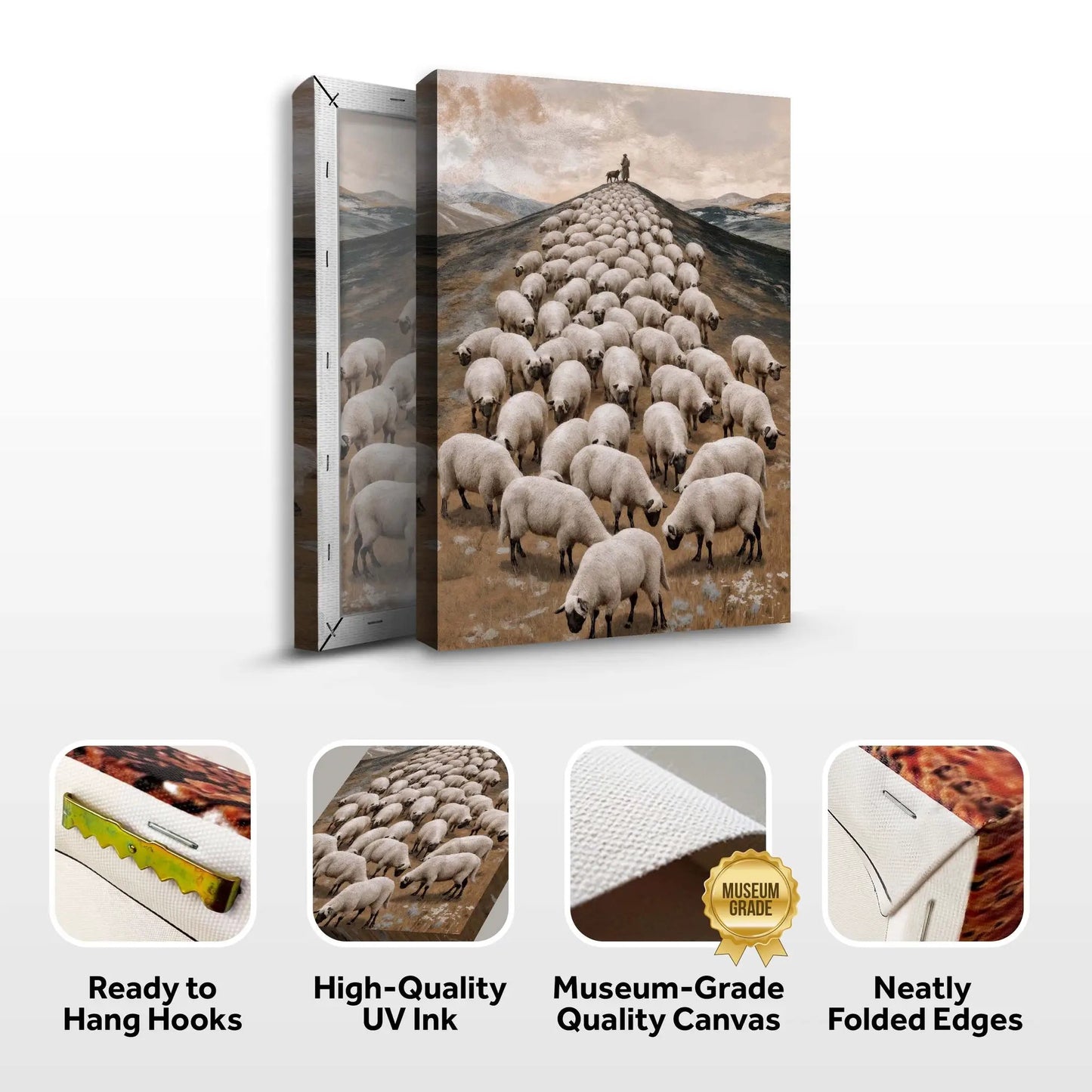 Parable Of The Lost Sheep Faith Wall Art II canvas by Tailored Canvases, shepherd leads flock up hill on Tampa Home & Garden Store