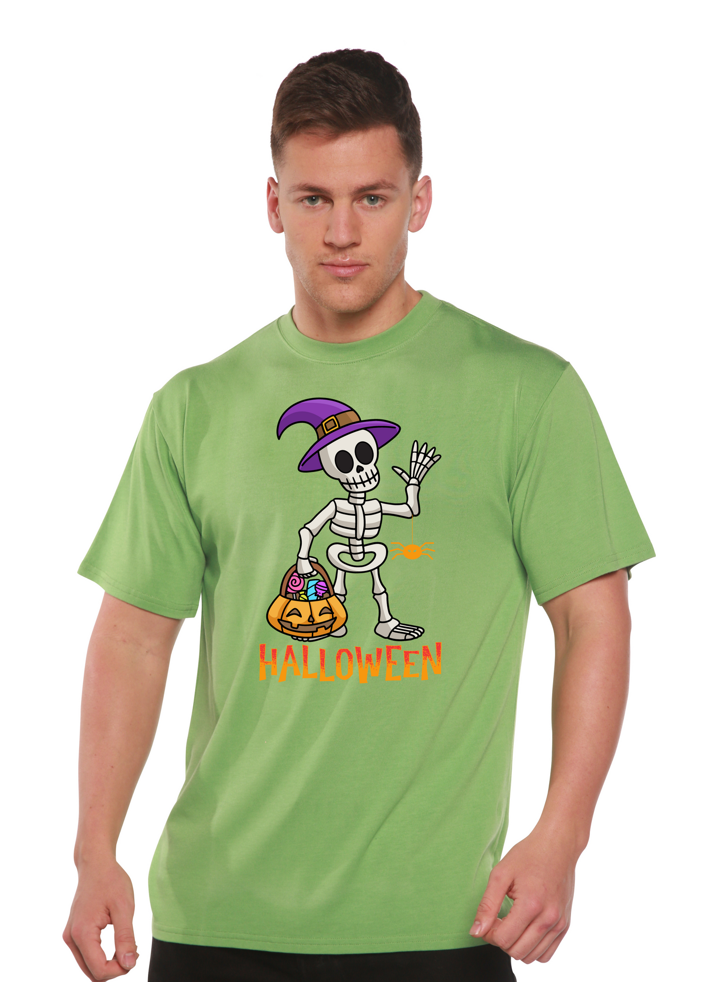 Happy Halloween unisex bamboo tee with skeleton pumpkin graphic in lime green on Tampa Home & Garden Store