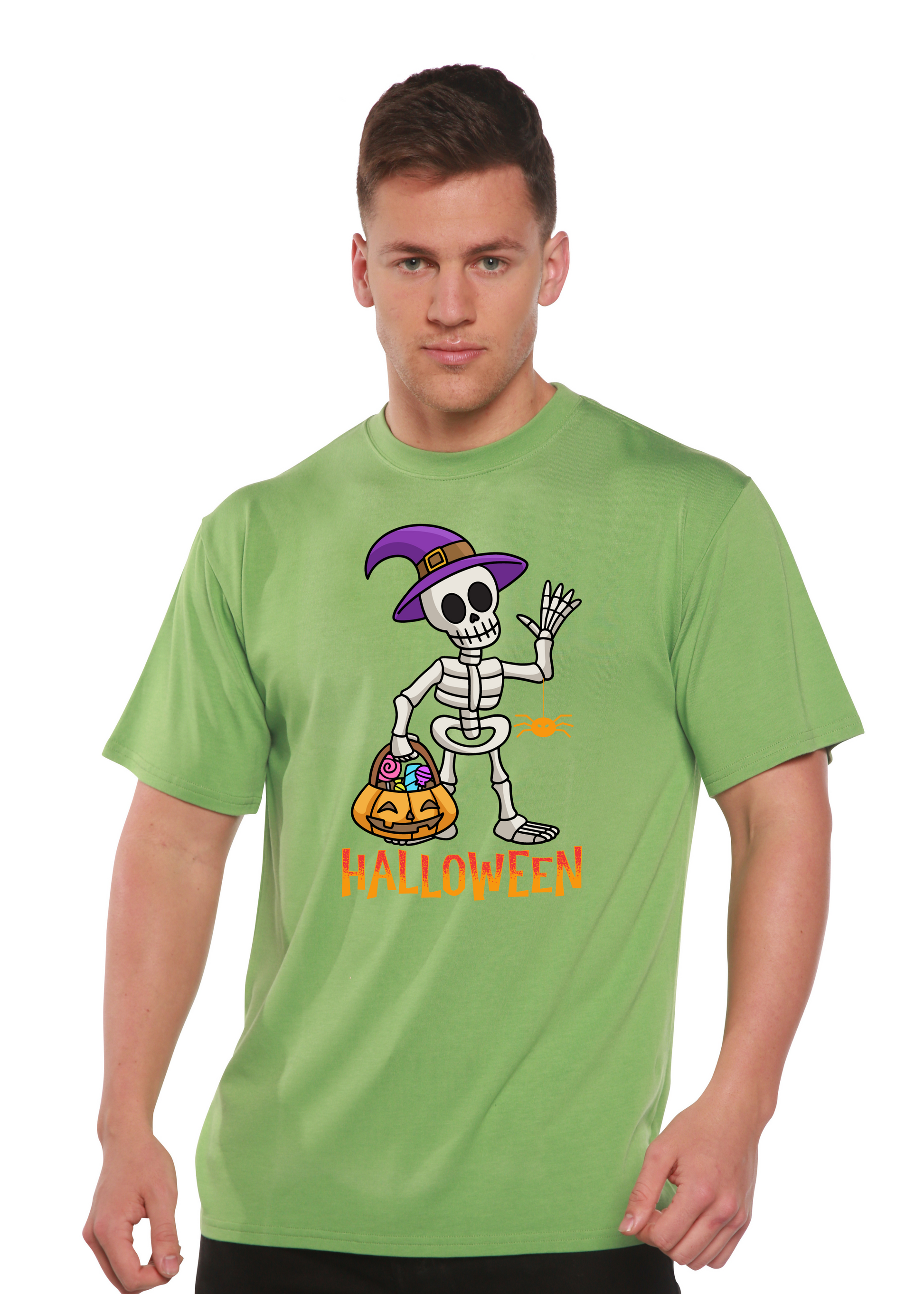 Happy Halloween unisex bamboo tee with skeleton pumpkin graphic in lime green on Tampa Home & Garden Store