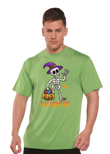 Happy Halloween unisex bamboo tee with skeleton pumpkin graphic in lime green on Tampa Home & Garden Store