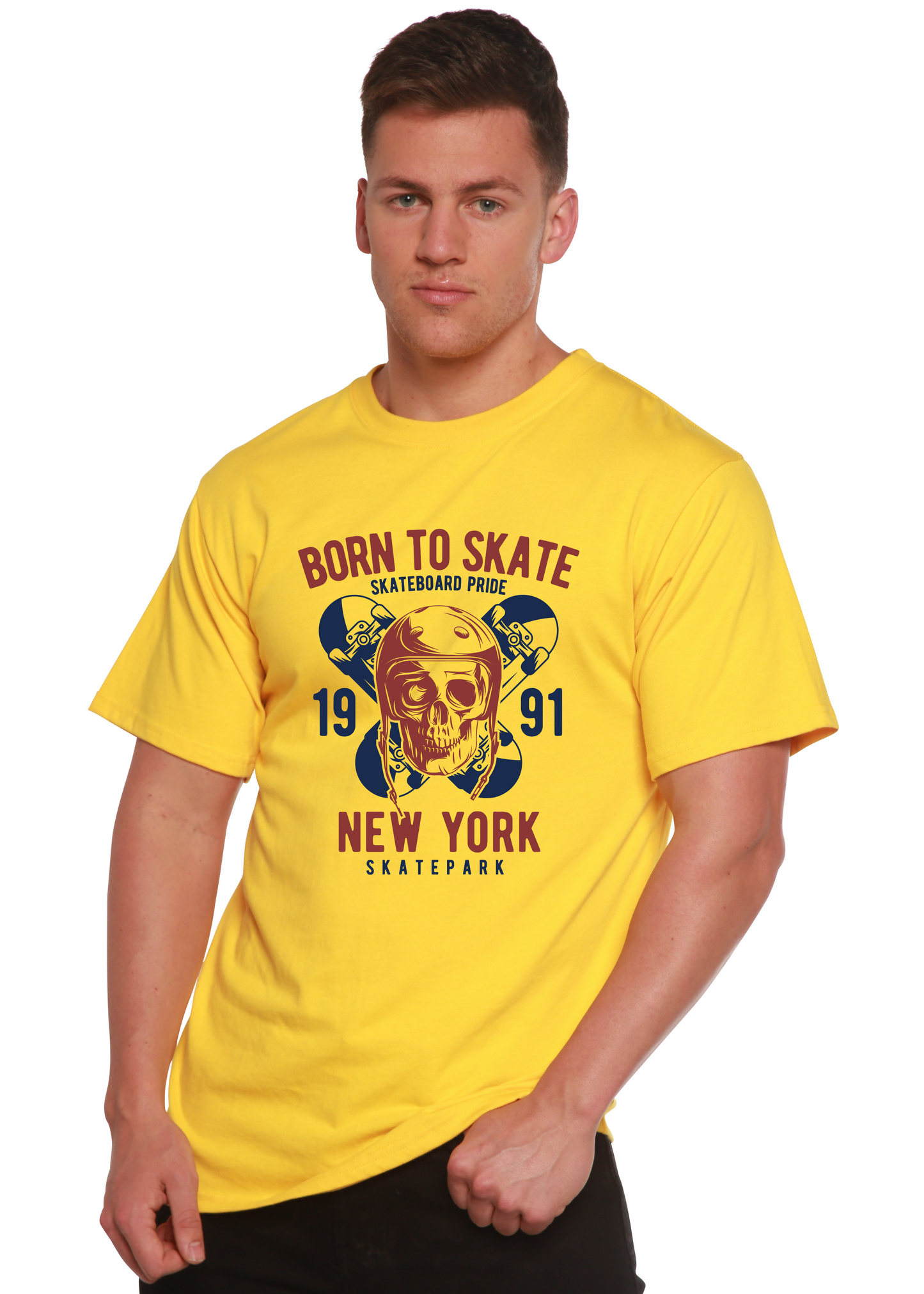 Men's yellow graphic tee with skull skateboard Born To Skate 1991 New York bamboo viscose blend on Tampa Home & Garden Store