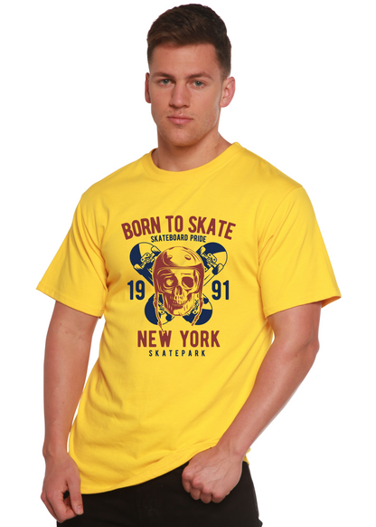Men's yellow graphic tee with skull skateboard Born To Skate 1991 New York bamboo viscose blend on Tampa Home & Garden Store
