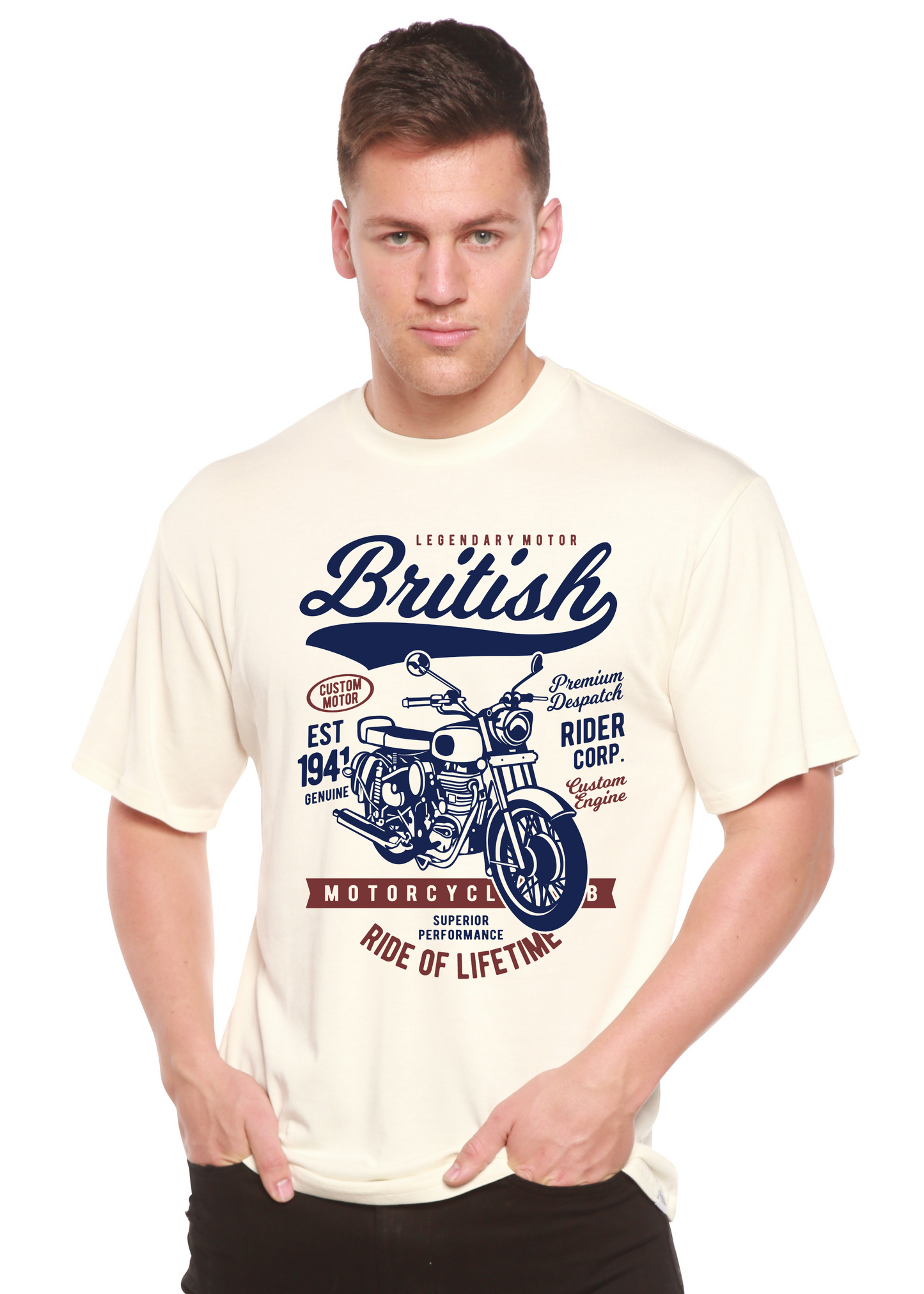 Men's British Motorcycle graphic T-shirt in cream with navy print by Spun Bamboo on Tampa Home & Garden Store