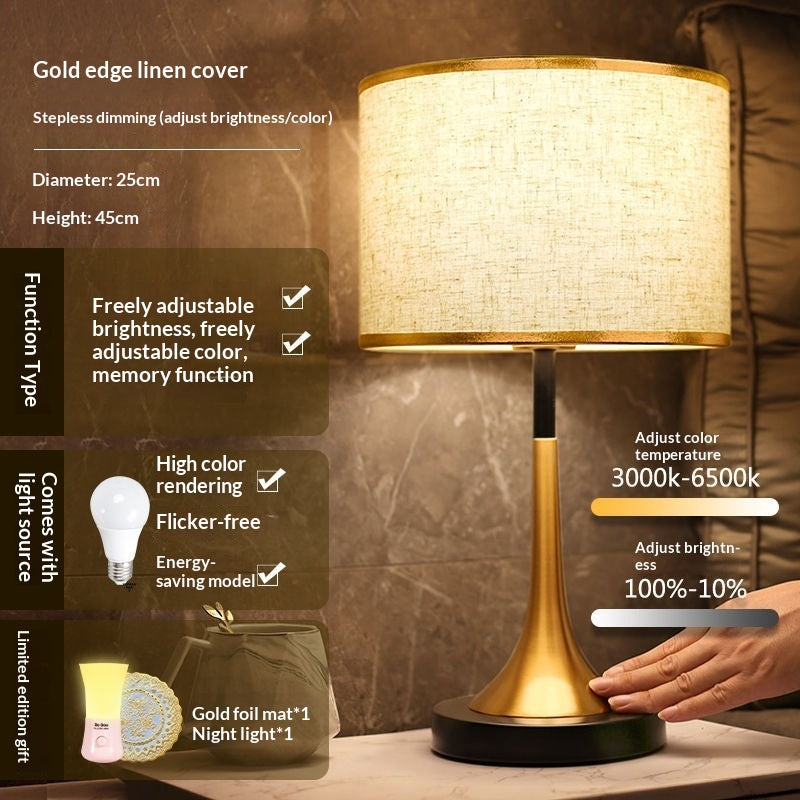 Stevvex table lamp gold edge linen cover, dimmable LED 3000–6500K, 25cm dia x 45cm height on Tampa Home & Garden Store