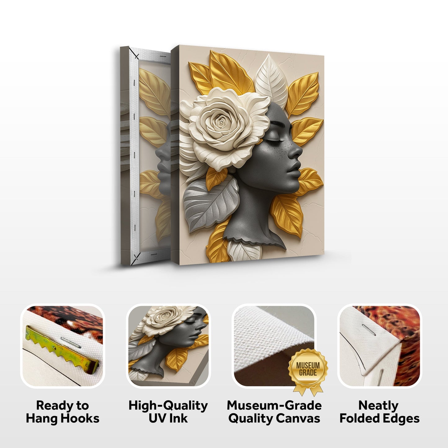 Floral Majesty Wall Art III canvas Tailored Canvases beige backdrop white rose gold leaves on Tampa Home & Garden Store