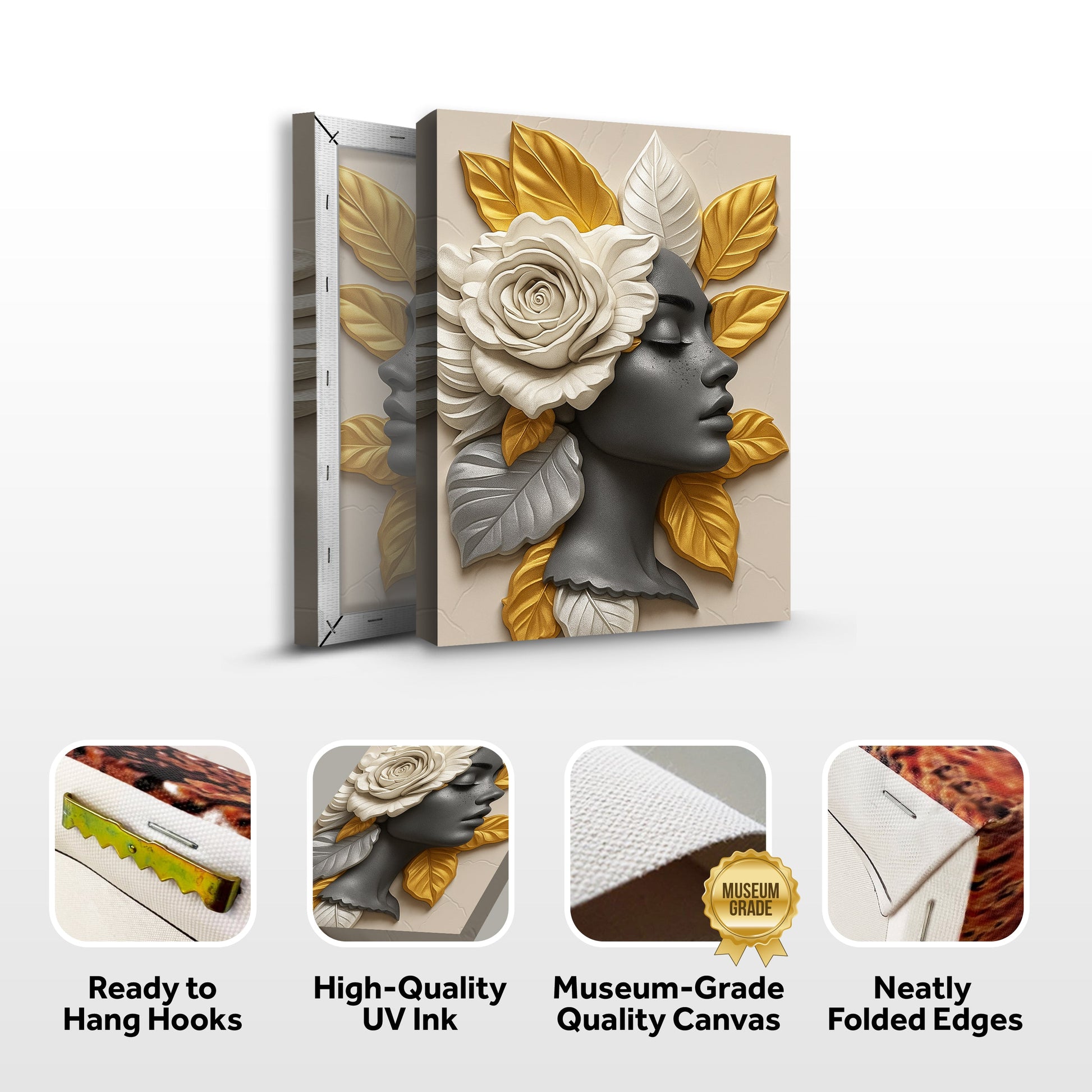 Floral Majesty Wall Art III canvas Tailored Canvases beige backdrop white rose gold leaves on Tampa Home & Garden Store