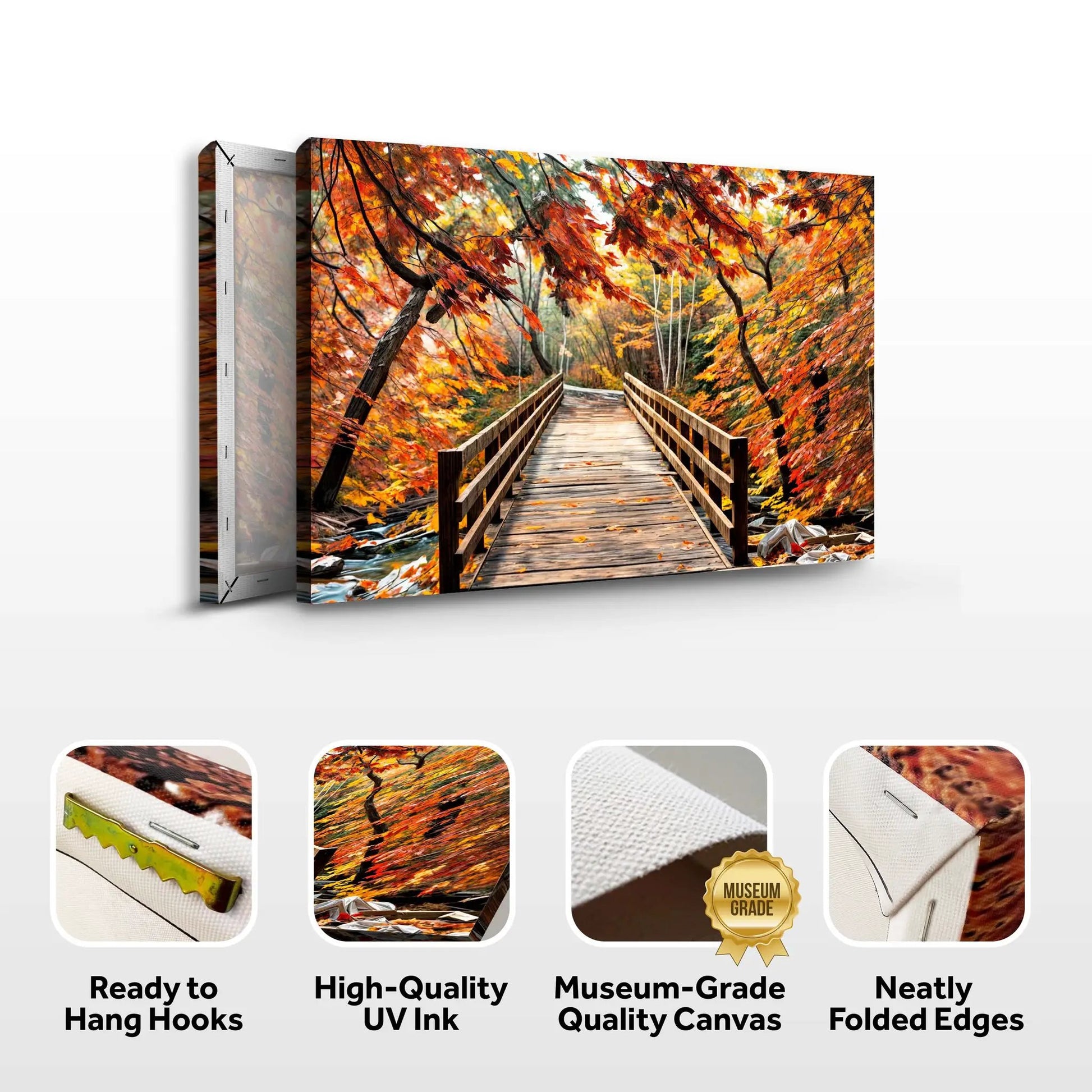 Crossing Autumn Wall Art canvas by Tailored Canvases showing a wooden bridge amid fall leaves on Tampa Home & Garden Store