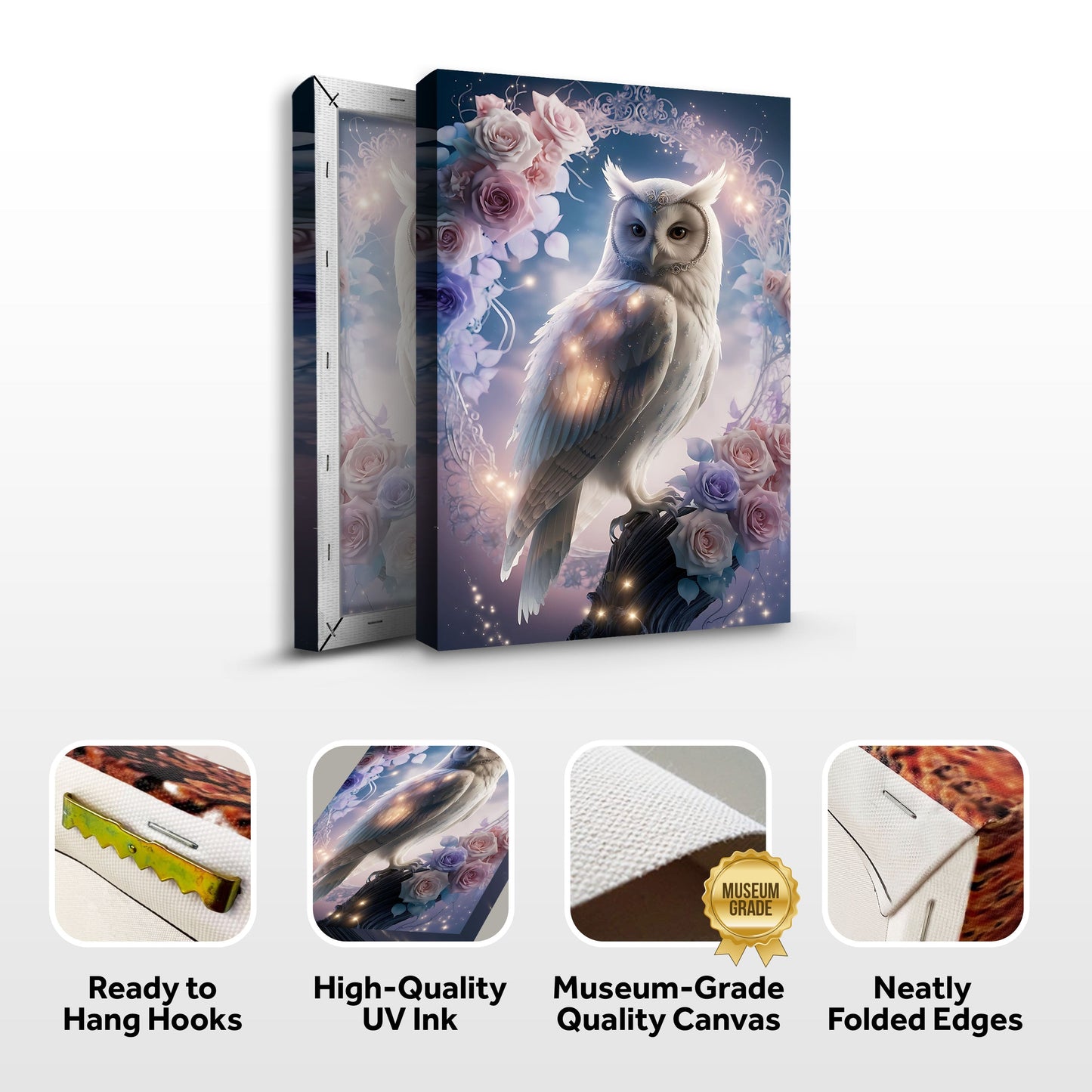 3D Owl Wall Art canvas by Tailored Canvases; white owl amid pink roses under a dreamy blue sky on Tampa Home & Garden Store