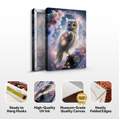 3D Owl Wall Art canvas by Tailored Canvases; white owl amid pink roses under a dreamy blue sky on Tampa Home & Garden Store