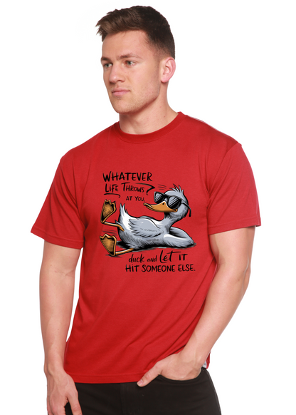 Red unisex bamboo tee with duck graphic wearing sunglasses from Spun Bamboo on Tampa Home & Garden Store