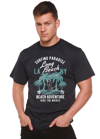 Beach Adventure navy tee in bamboo viscose/organic cotton with palm trees print by Spun Bamboo on Tampa Home & Garden Store