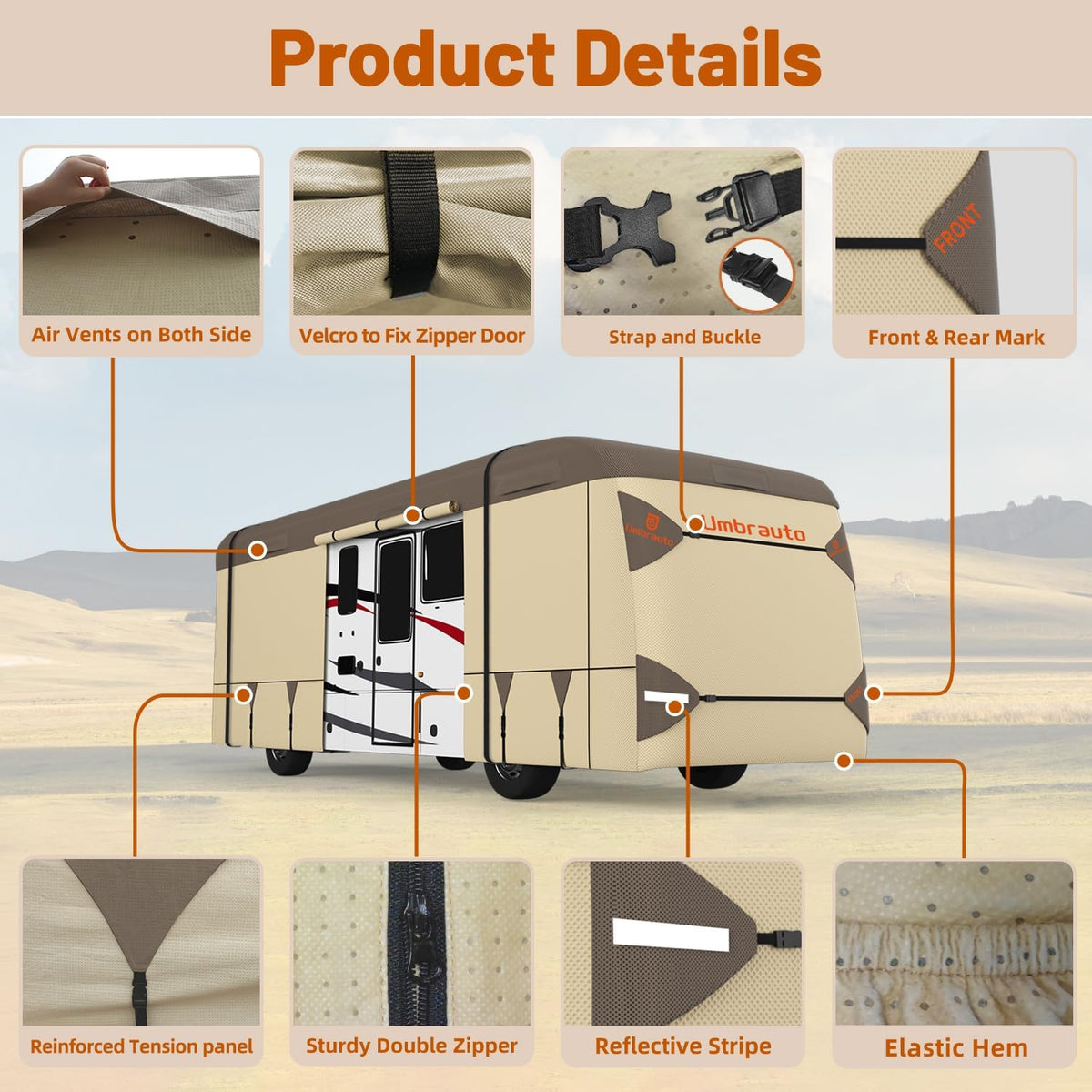 Umbrauto Class A RV Cover khaki, 7-layer windproof breathable motorhome cover on Tampa Home & Garden Store