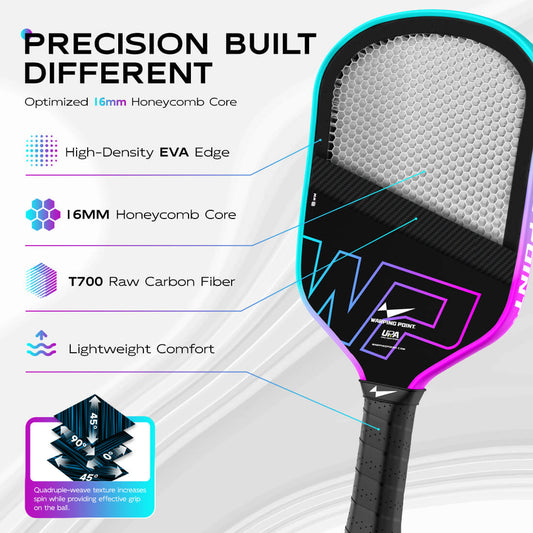 Warping Point Neon Pickleball Paddle Gen 3 with turquoise edge and carbon fiber face on Tampa Home & Garden Store