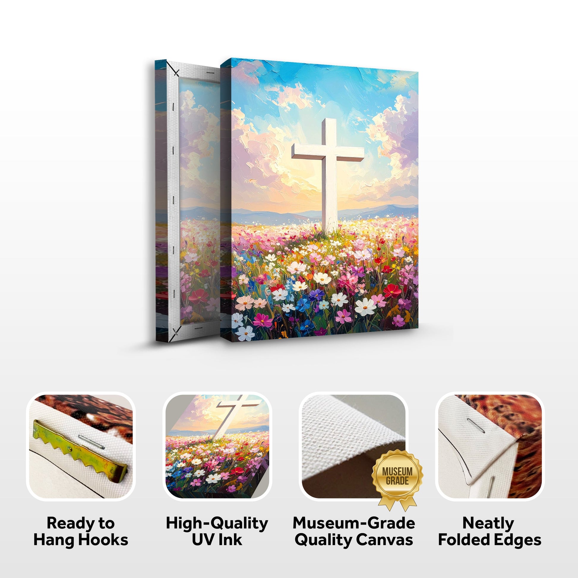 Cross Floral Field Faith Canvas by Tailored Canvases with pastel sky and wildflowers on Tampa Home & Garden Store