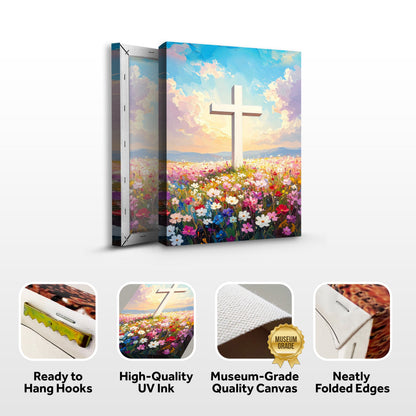 Cross Floral Field Faith Canvas by Tailored Canvases with pastel sky and wildflowers on Tampa Home & Garden Store