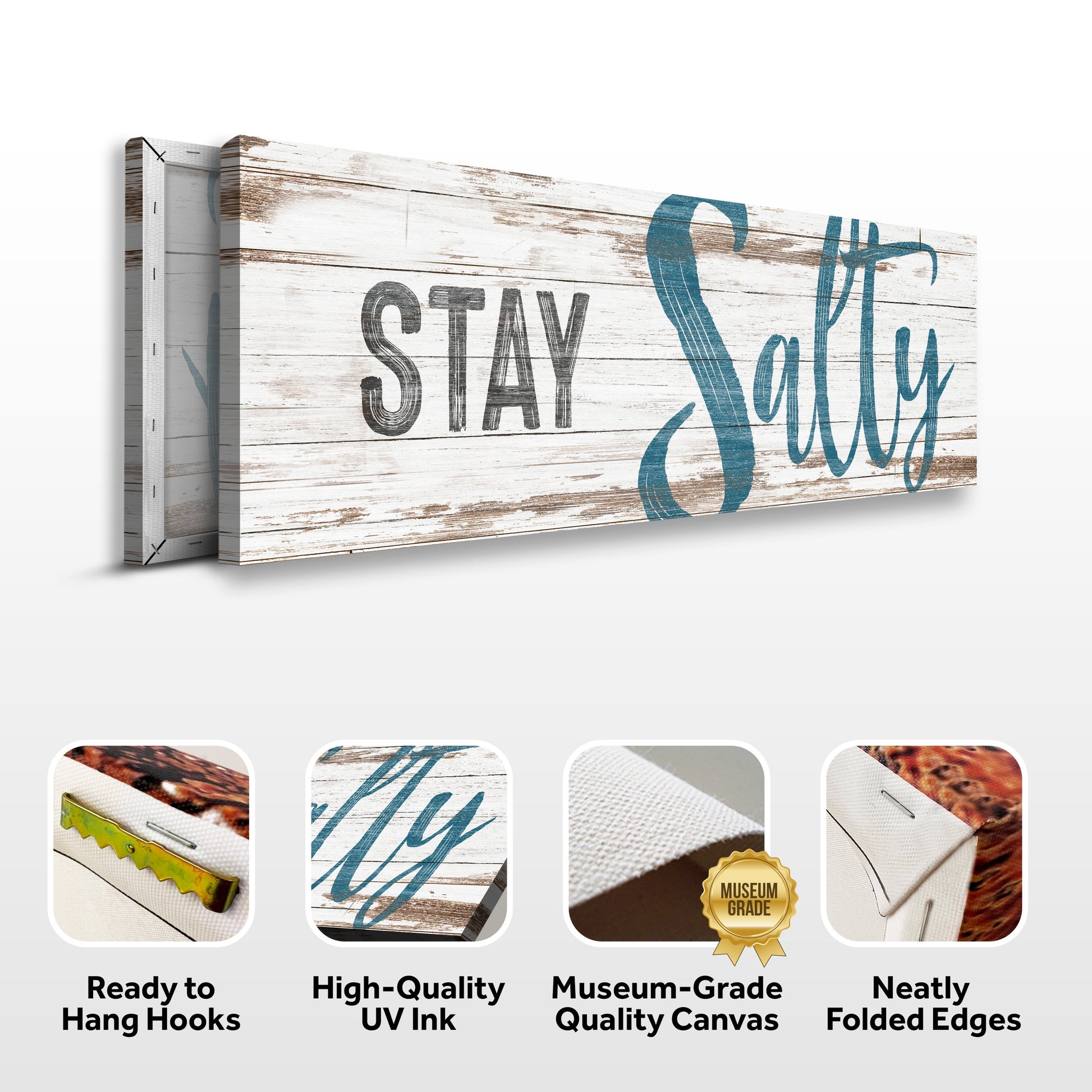 Canvas Stay Salty Coastal Sign VIII on whitewashed wood with teal script on Tampa Home & Garden Store