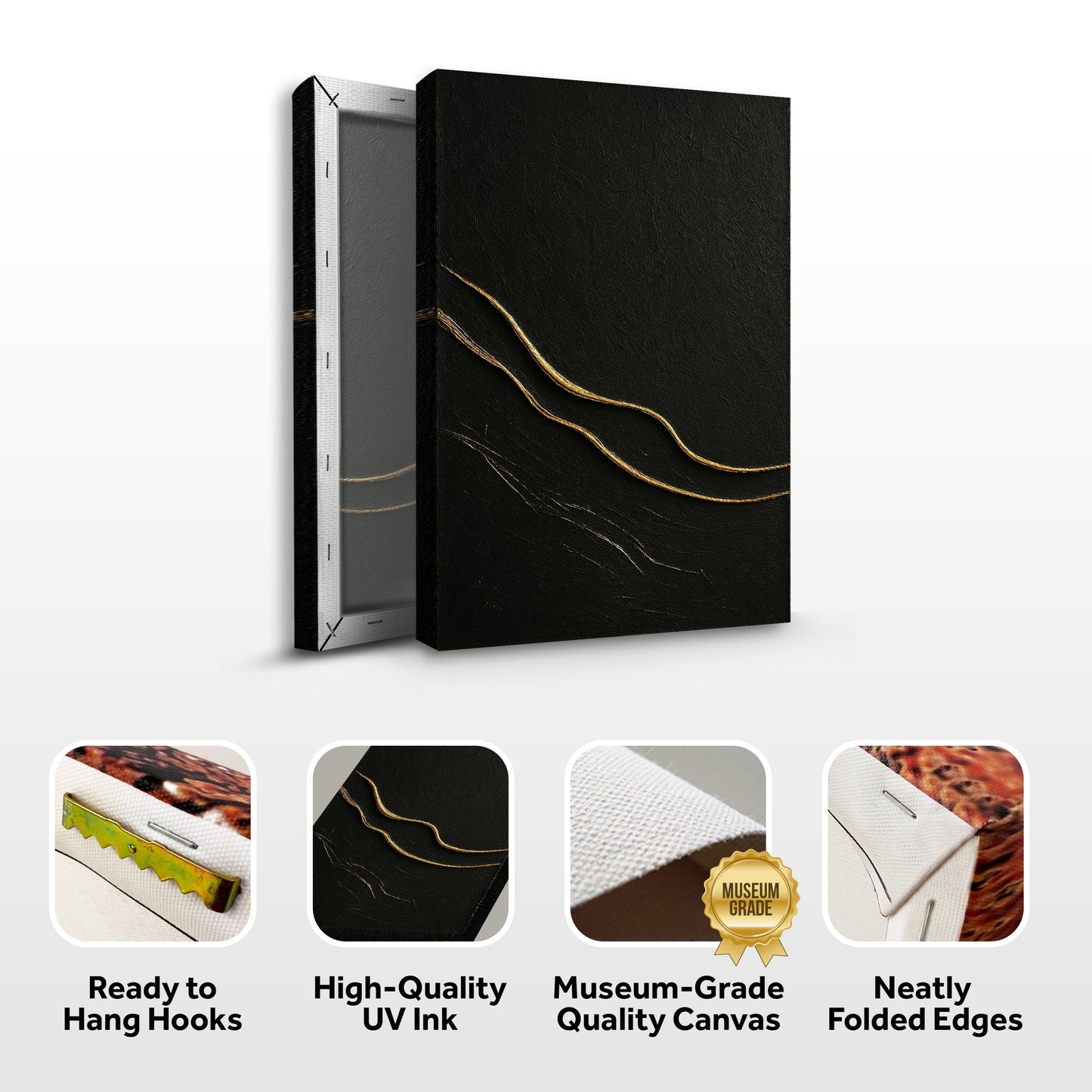 Modern Abstract Minimalist Wall Art VIII canvas with black textured front and gold lines on Tampa Home & Garden Store