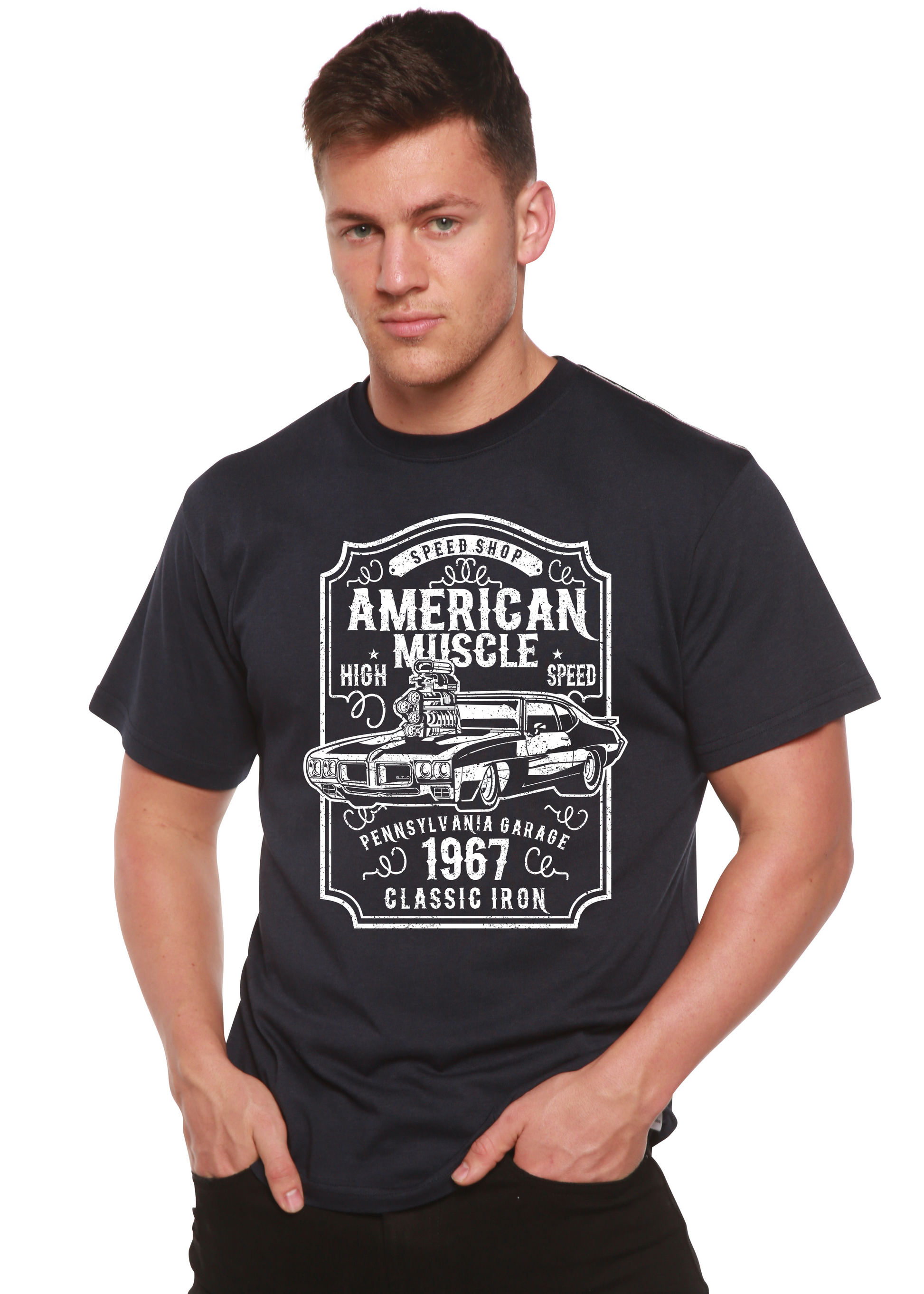 Men's navy American Muscle graphic T-shirt in bamboo viscose/organic cotton by Spun Bamboo on Tampa Home & Garden Store