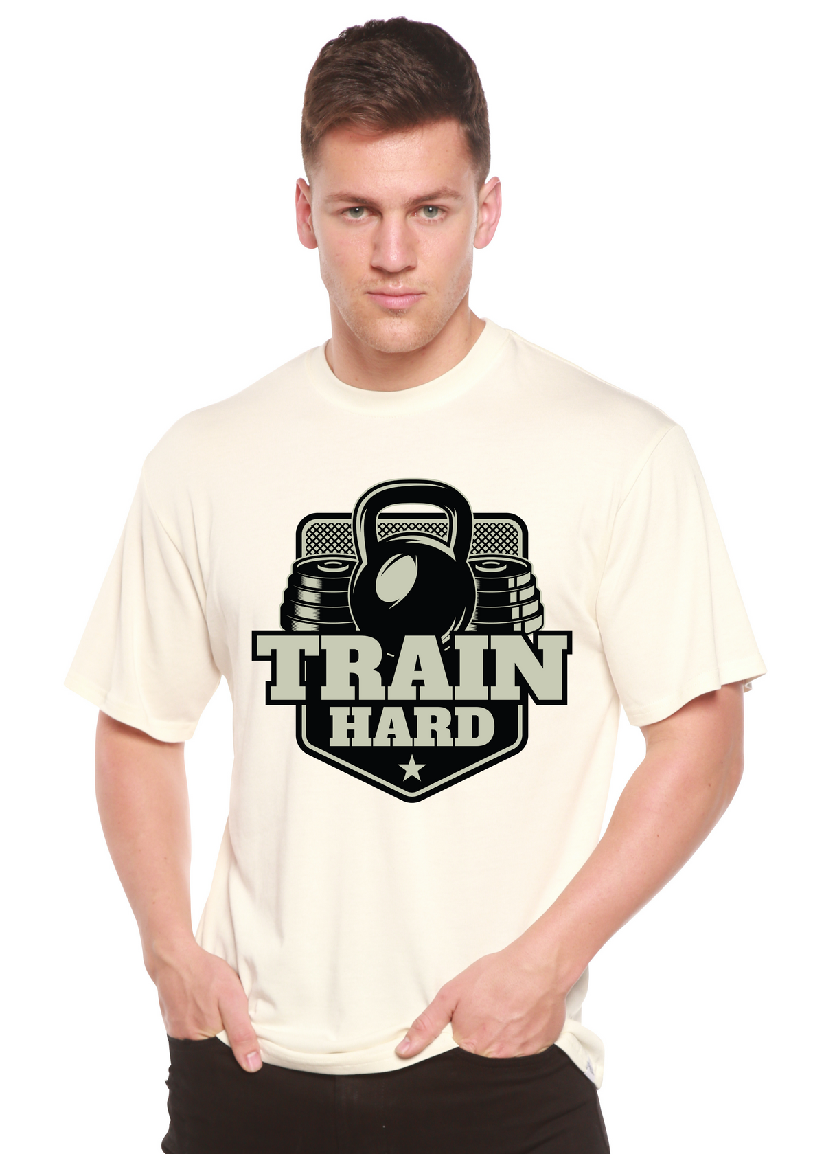 Train Hard bamboo viscose/organic cotton graphic tee ivory with kettlebell plate logo on Tampa Home & Garden Store