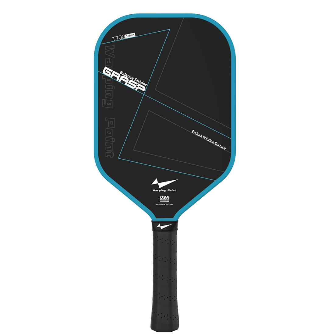 Grasp Pickleball Paddle 16mm by Warping Point with black face and blue trim on Tampa Home & Garden Store