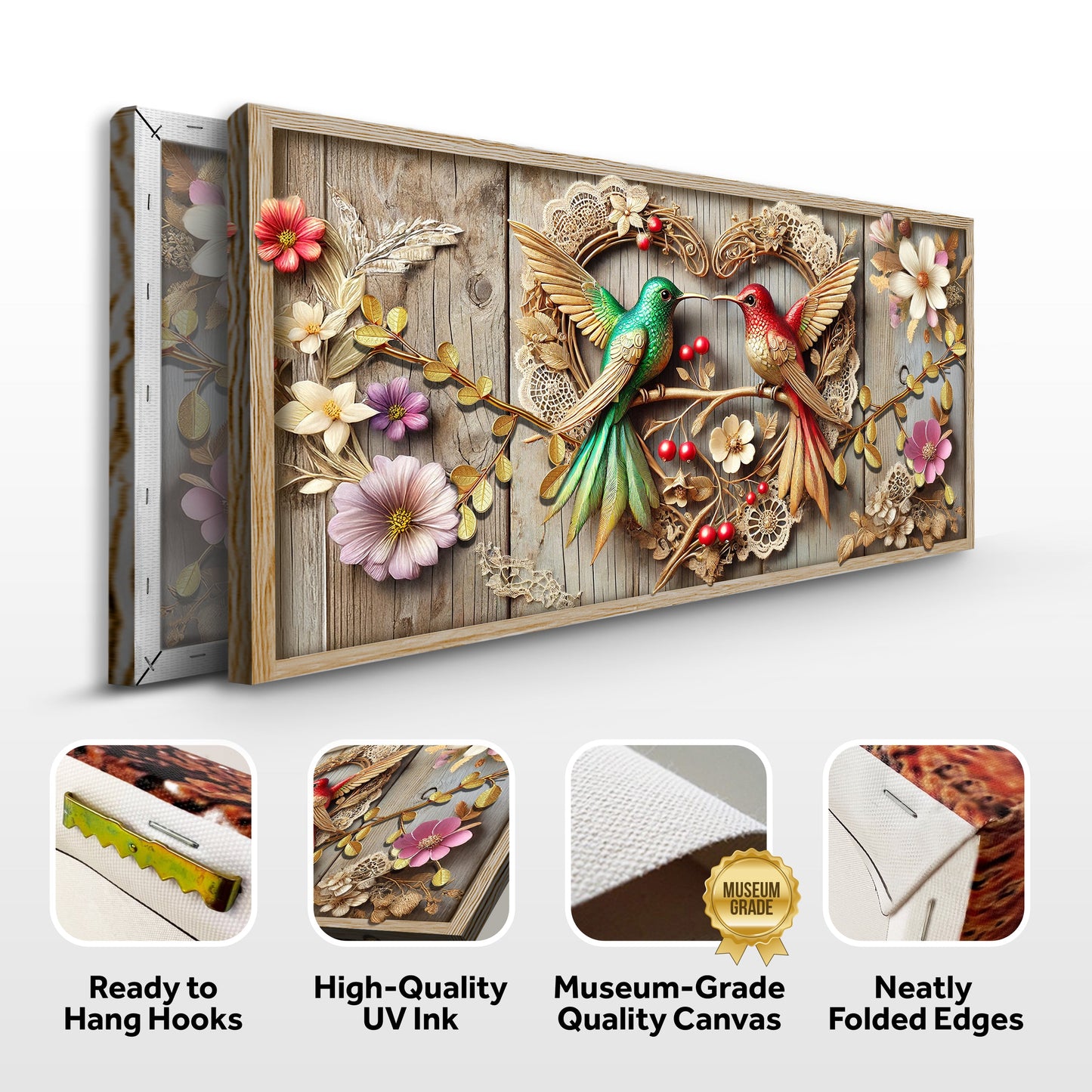 3D Hummingbirds Wall Art VII canvas with vibrant green and red hummingbirds on rustic wood on Tampa Home & Garden Store