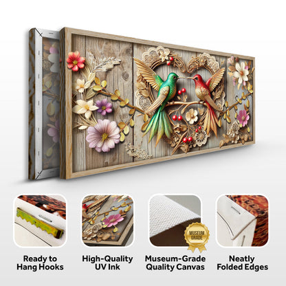 3D Hummingbirds Wall Art VII canvas with vibrant green and red hummingbirds on rustic wood on Tampa Home & Garden Store