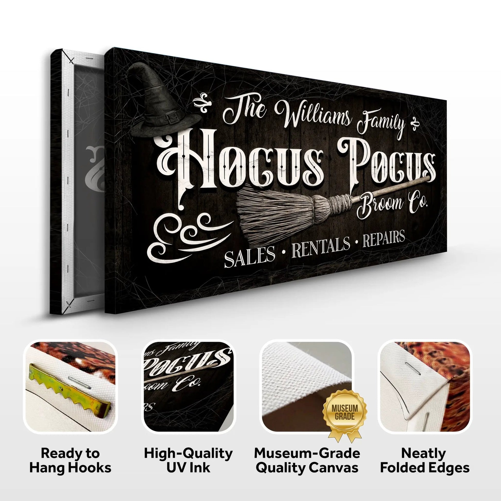 Personalized Hocus Pocus Broom Co. wall sign canvas with dark wood background Tailored Canvases on Tampa Home & Garden Store