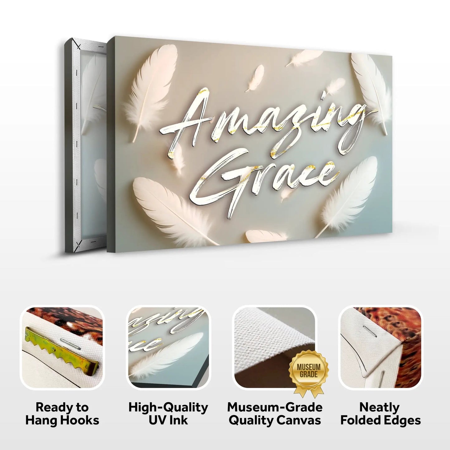 Amazing Grace Faith wall sign canvas by Tailored Canvases with feather accents on a soft backdrop on Tampa Home & Garden Store