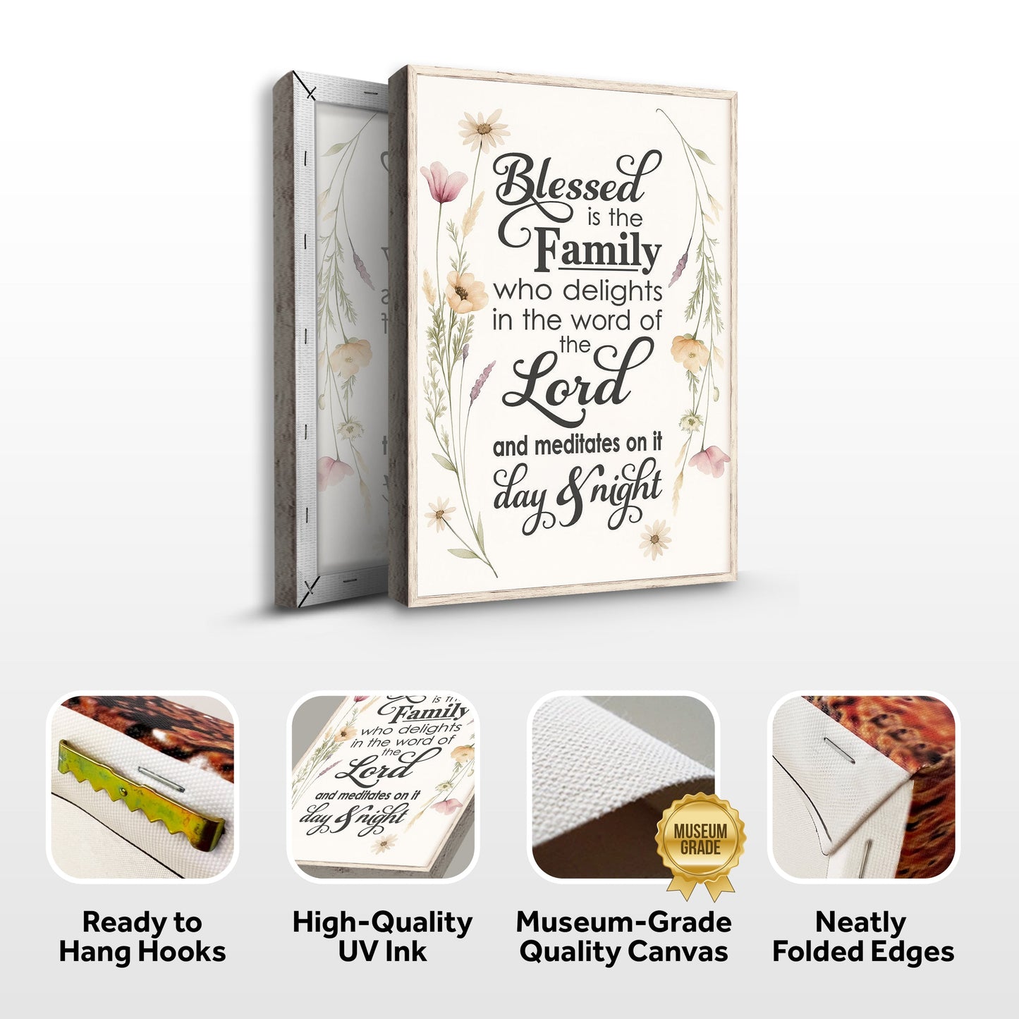 Blessed Is The Family Faith Sign canvas with floral border in wood frame Tailored Canvases on Tampa Home & Garden Store