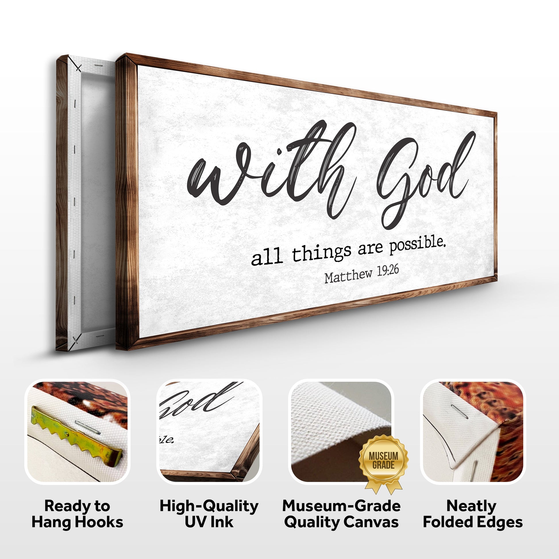 Canvas faith sign Matthew 19:26 with God all things are possible textured canvas wood frame on Tampa Home & Garden Store