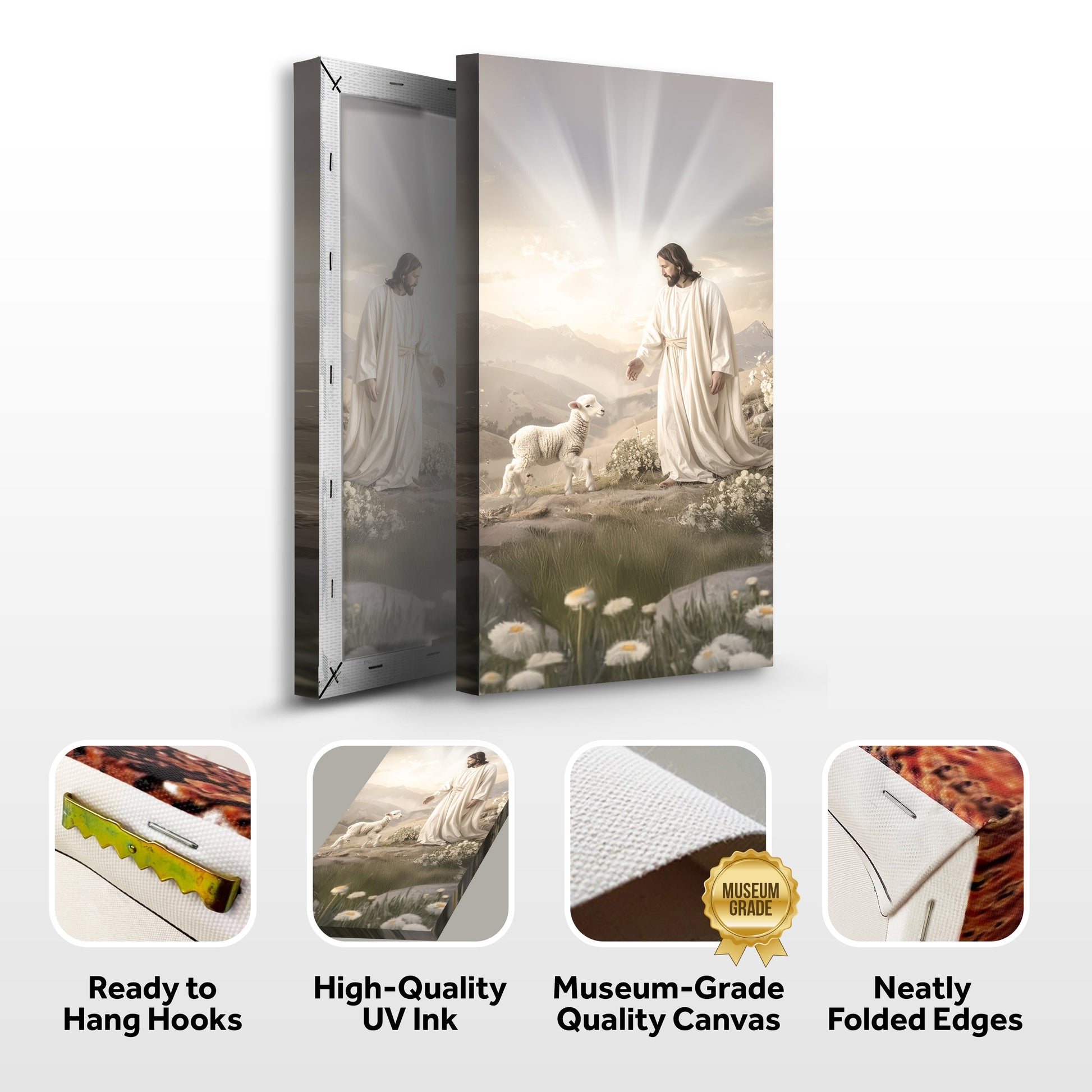 Jesus Protects The Lamb From Wolves Faith Wall Art XII canvas, white-robed Jesus with lambs on Tampa Home & Garden Store