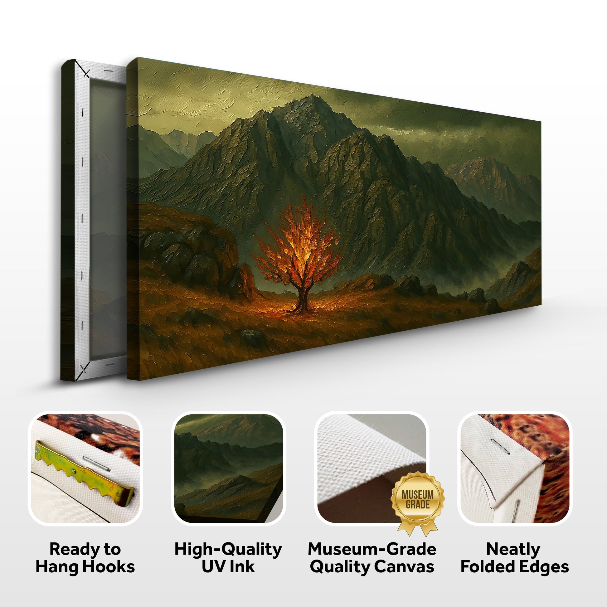 Burning Bush Faith Wall Art III canvas by Tailored Canvases, fiery tree amid mountains on Tampa Home & Garden Store