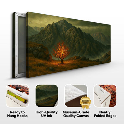 Burning Bush Faith Wall Art III canvas by Tailored Canvases, fiery tree amid mountains on Tampa Home & Garden Store