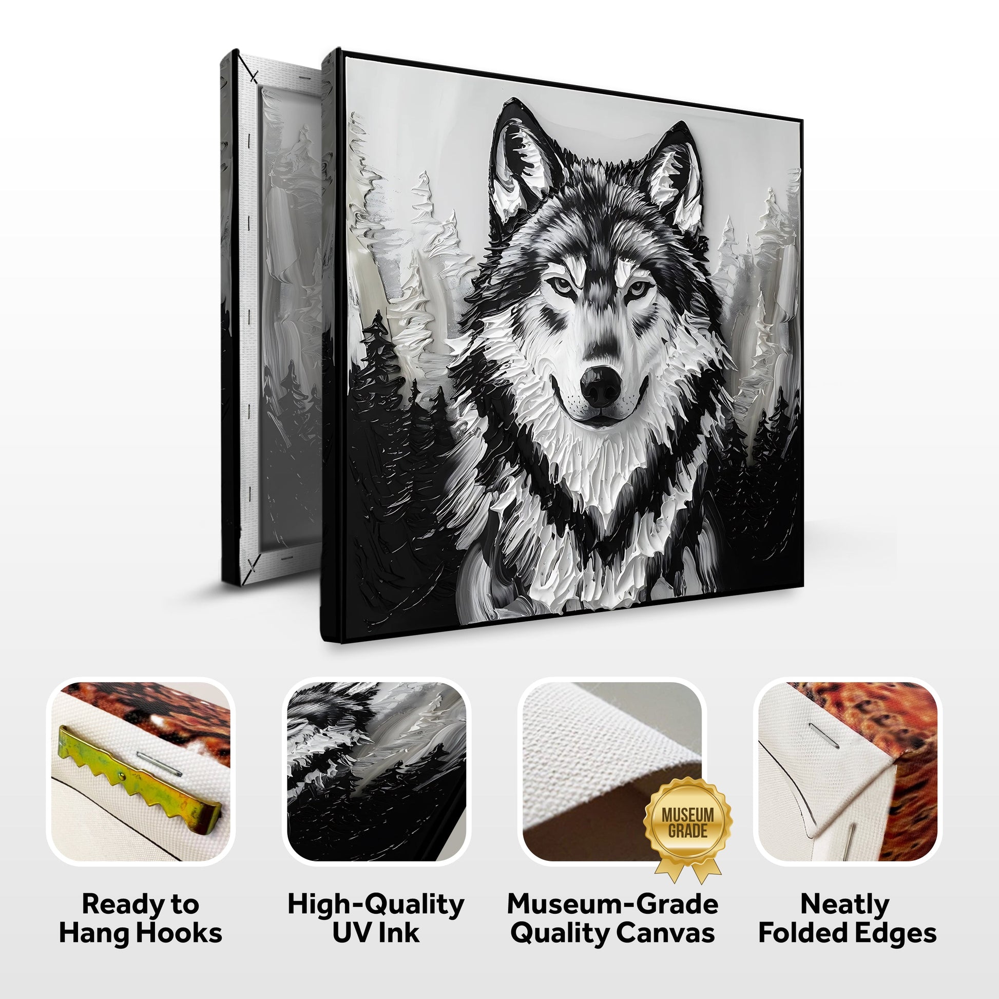 3D Wolf Wall Art IV canvas by Tailored Canvases; black and white wolf portrait on canvas on Tampa Home & Garden Store