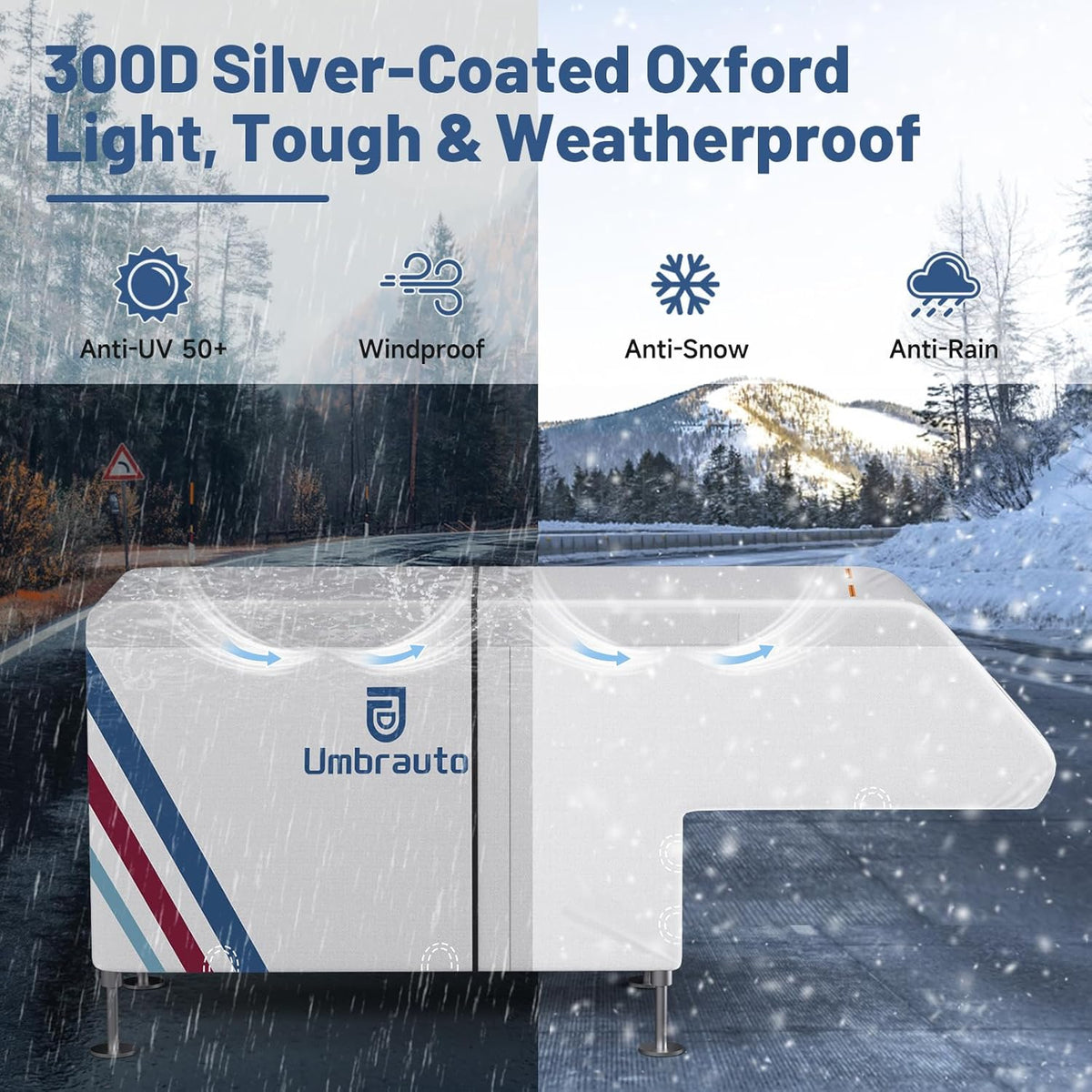 Umbrauto 300D Oxford truck camper cover, silver-coated, all-weather with windproof straps on Tampa Home & Garden Store