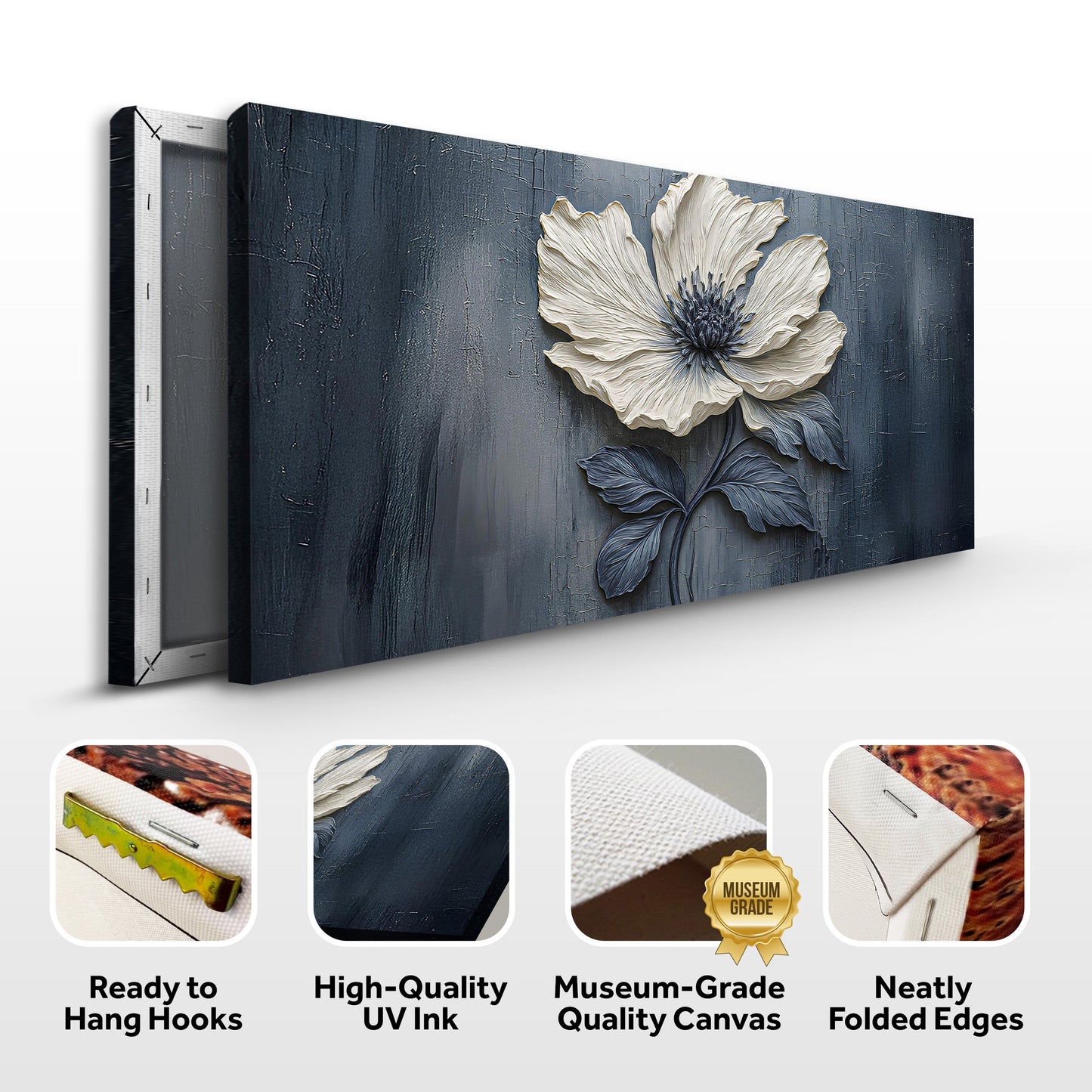 Floral Clay Relief Wall Art canvas by Tailored Canvases; textured blue panel with ivory flower relief on Tampa Home & Garden Store