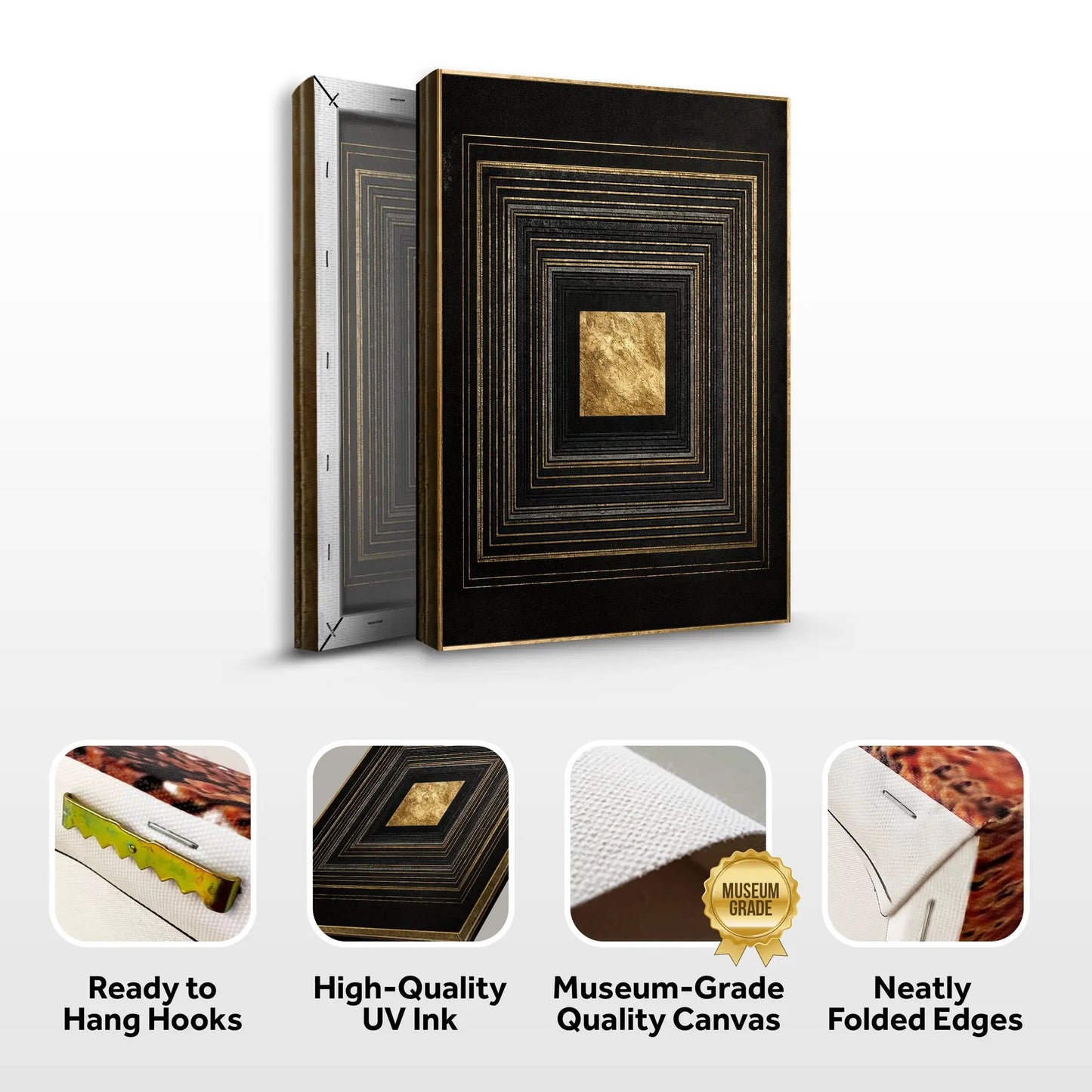 Black and gold core wall art canvas with nested gold square rings on black by Tailored Canvases on Tampa Home & Garden Store
