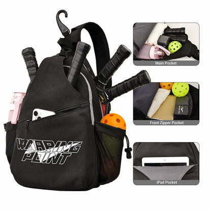 Pickleball sling bag Black by Warping Point holding two paddles, balls, and accessories on Tampa Home & Garden Store