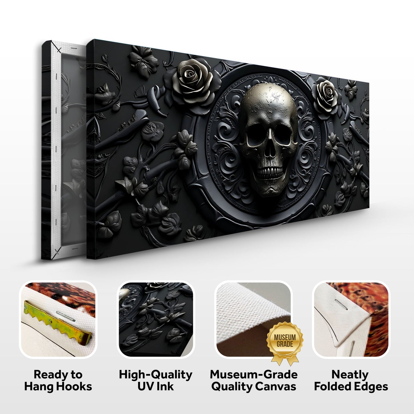 3D Rose and Skull Wall Art VI canvas by Tailored Canvases; dark black-gray relief with a metallic skull and sculpted roses on Tampa Home & Garden Store