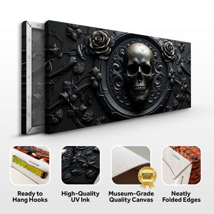 3D Rose and Skull Wall Art VI canvas by Tailored Canvases; dark black-gray relief with a metallic skull and sculpted roses on Tampa Home & Garden Store