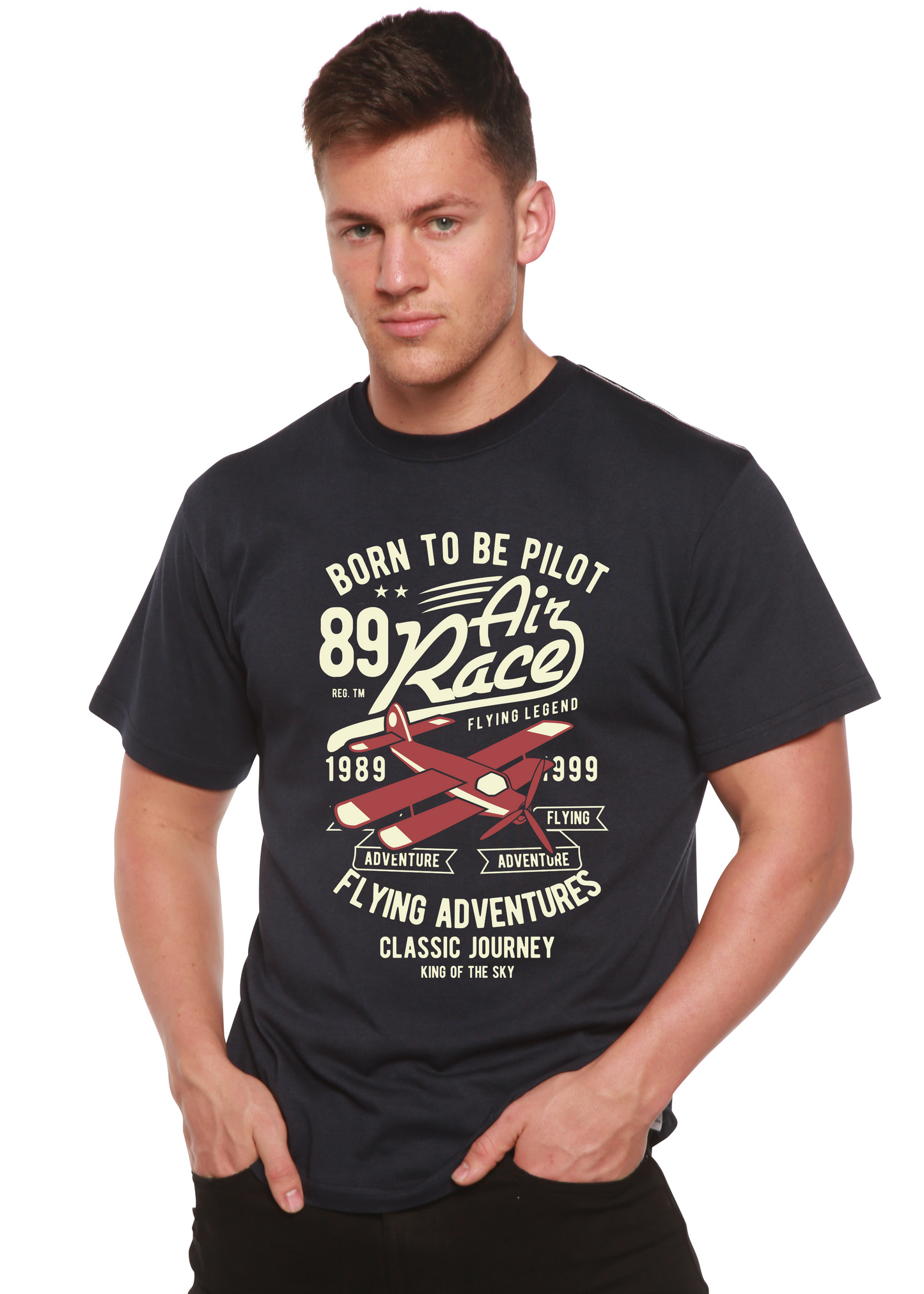 Born To Be Pilot Men's Short Sleeve Graphic Tee by Spun Bamboo with cream airplane print on Tampa Home & Garden Store