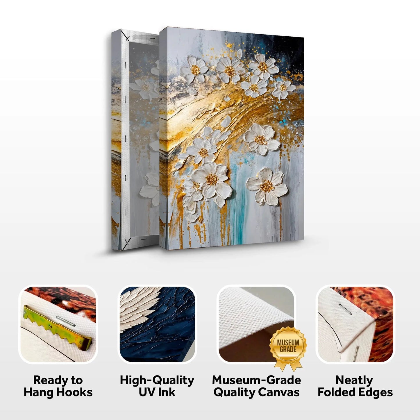 Abstract Gold Floral Wall Art Canvas Tailored Canvases, gold and white flowers on Tampa Home & Garden Store