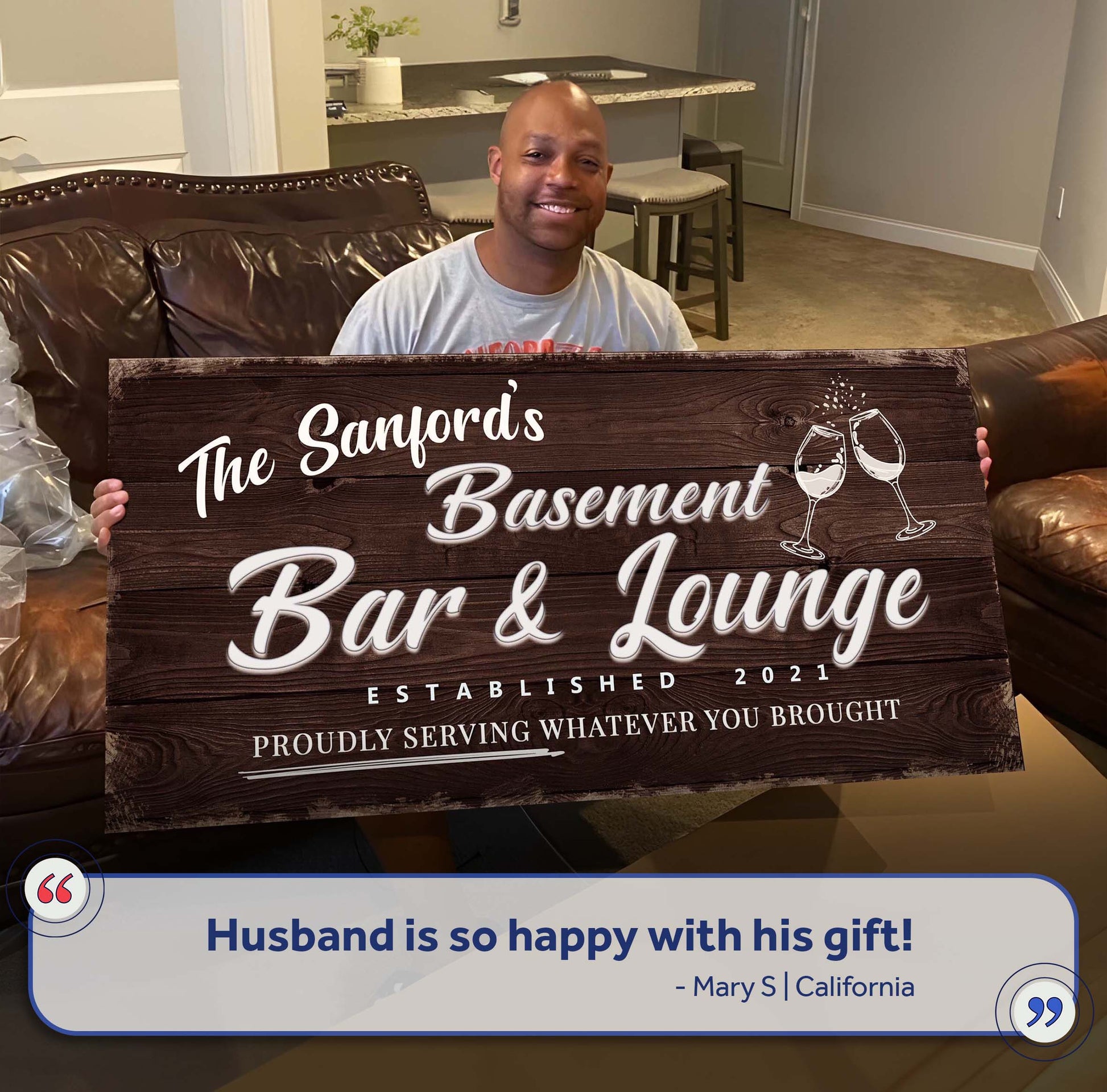 Basement Bar And Lounge Sign IV Canvas, dark wood plank with white script and wine glass art on Tampa Home & Garden Store