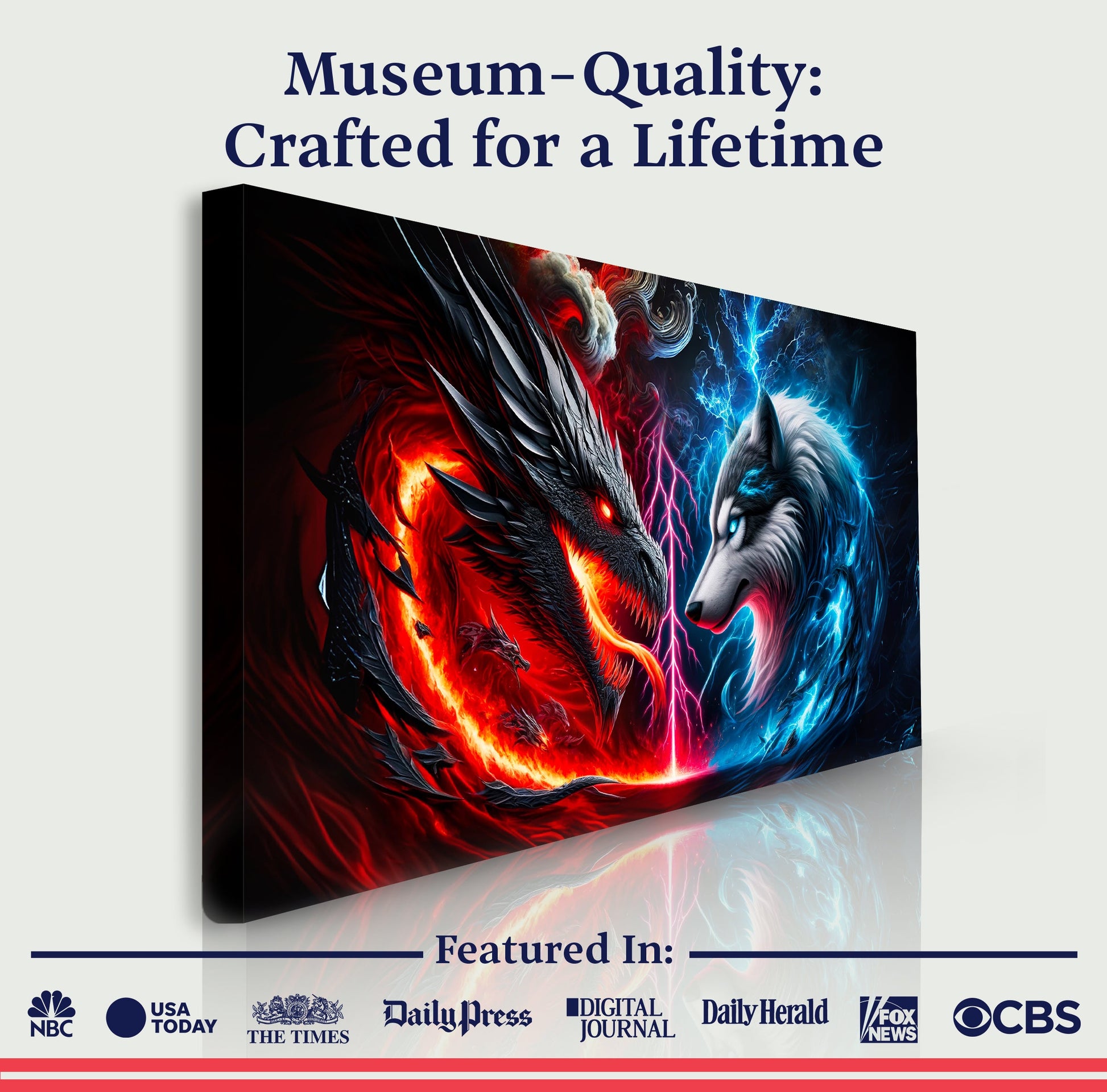 3D Dragon and Wolf Canvas Wall Art VI by Tailored Canvases; red dragon vs blue wolf crafting canvas on Tampa Home & Garden Store