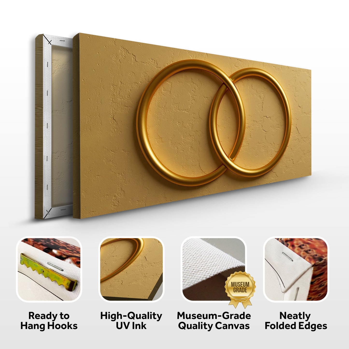 Sacred Union Wall Art canvas by Tailored Canvases; gold background with interlocking rings on Tampa Home & Garden Store