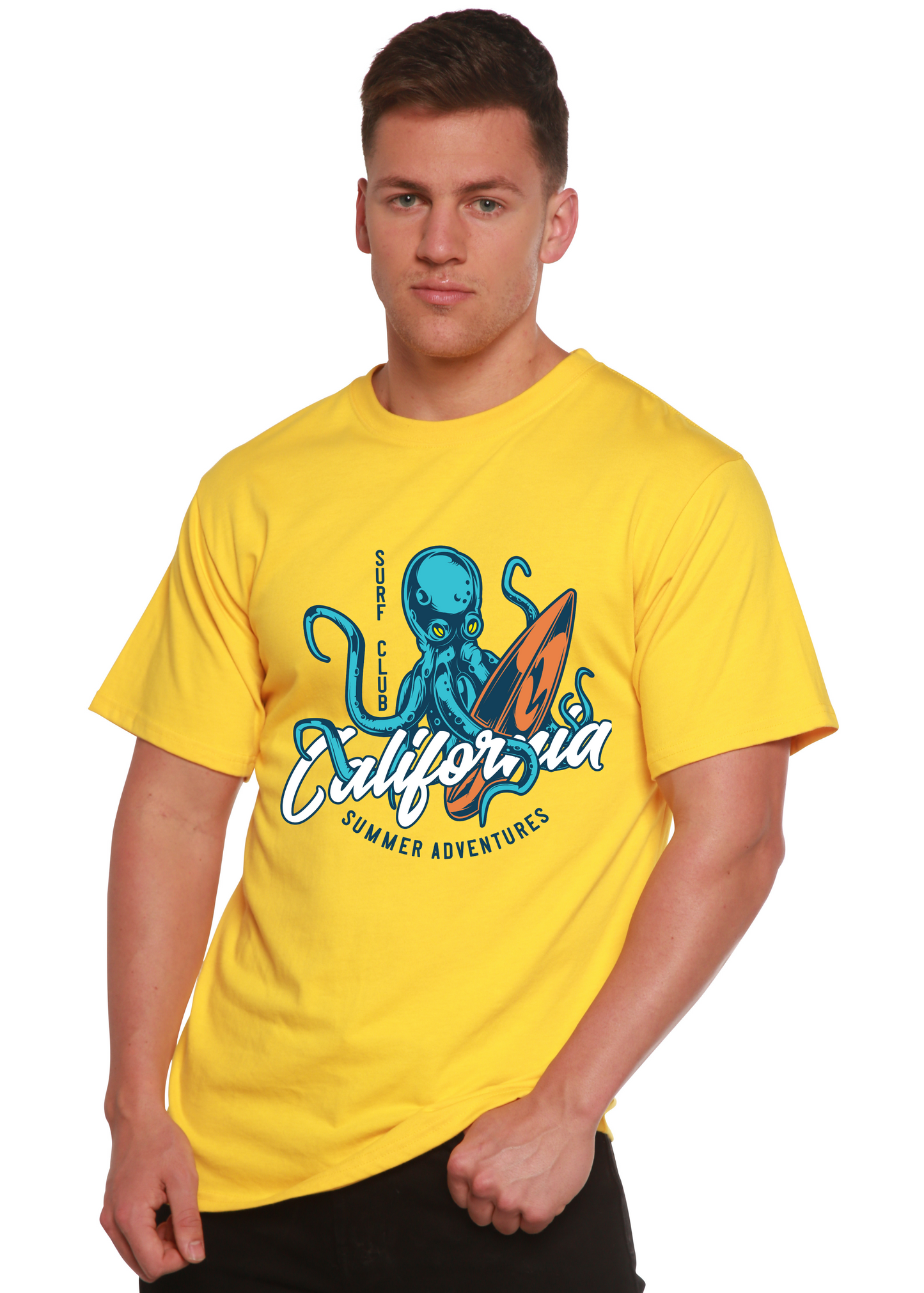 Men's yellow T-shirt by Spun Bamboo, bamboo viscose/organic cotton with California octopus print on Tampa Home & Garden Store